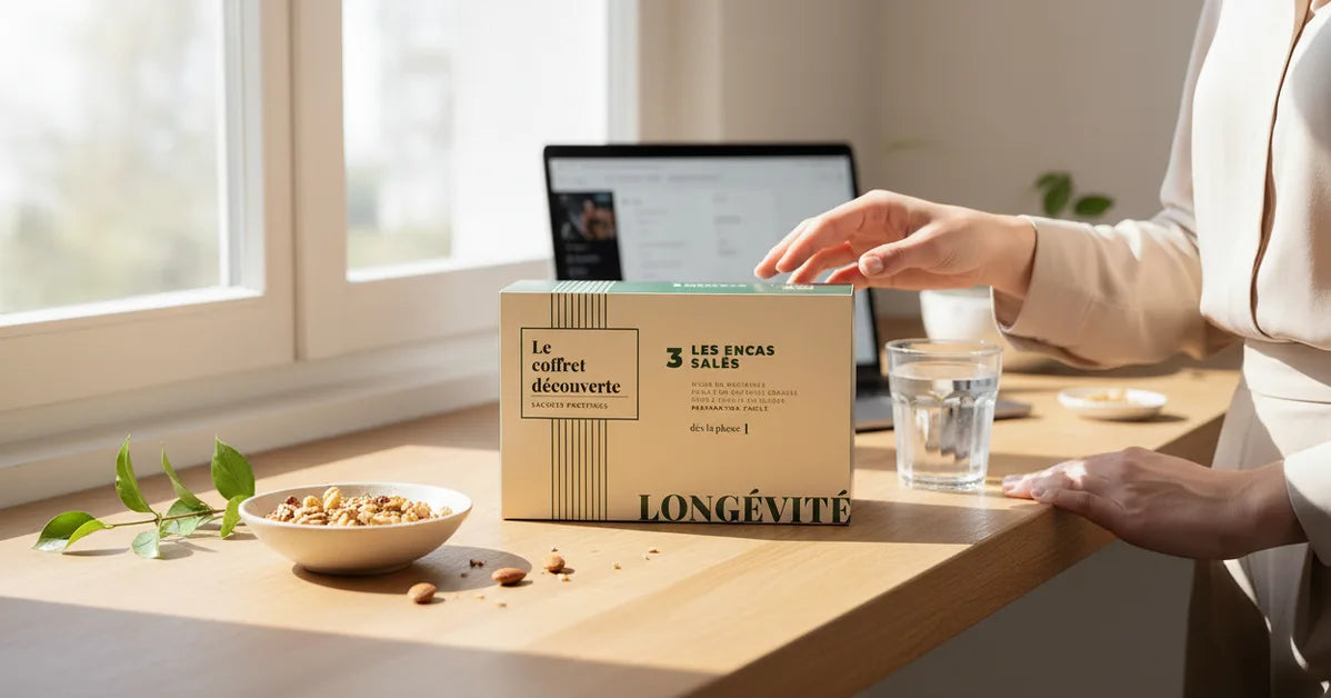 Coffret Découverte Longévité Phase I Encas salés sur table de cuisine claire avec laptop et bowl de granola