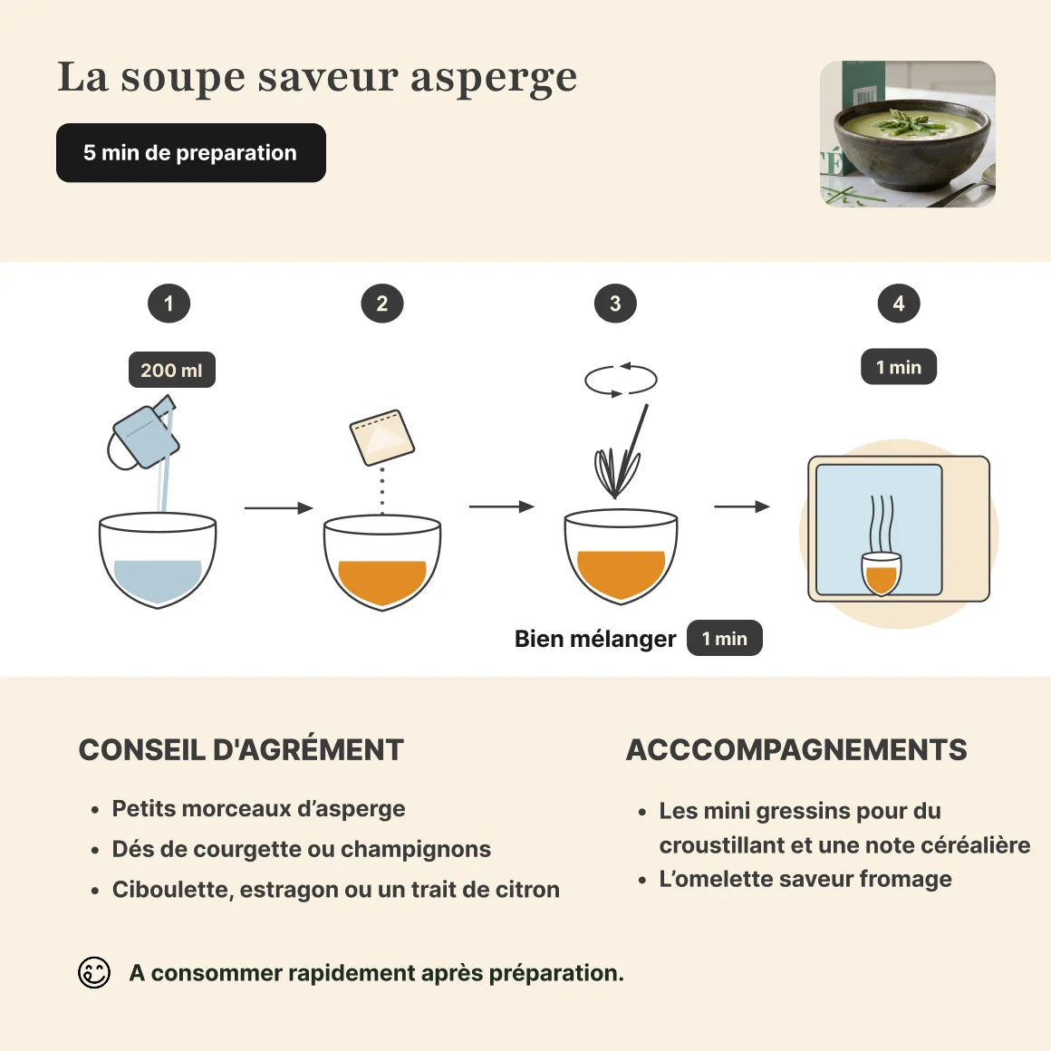 Étapes de préparation soupe asperge protéinée Longévité Paris