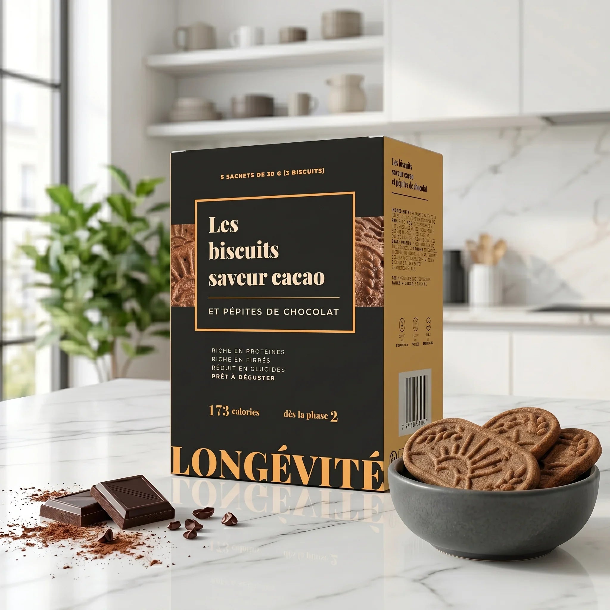 Biscuits saveur cacao et pépites de chocolat protéinés, riches en protéines et fibres – LONGÉVITÉ