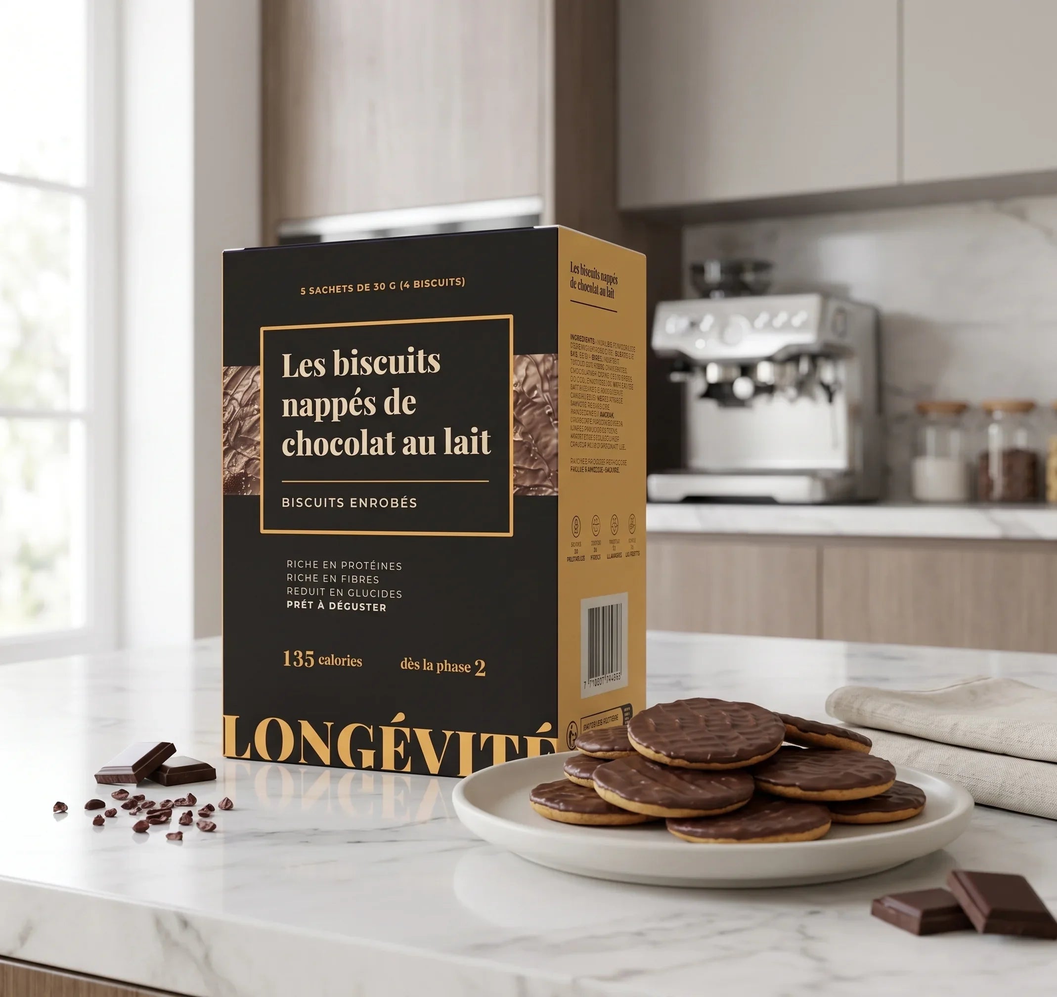Biscuits nappés chocolat au lait protéinés, riches en protéines et faibles en matières grasses – LONGÉVITÉ