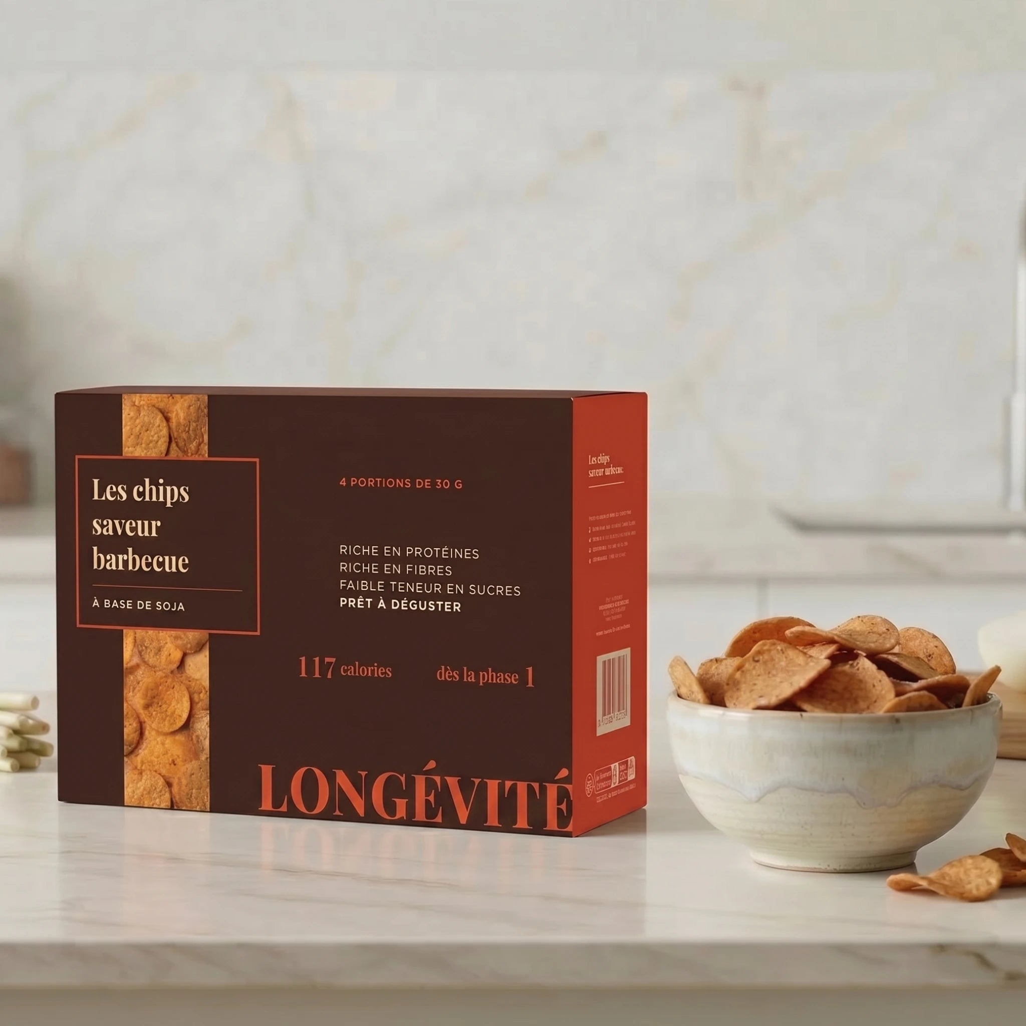 Chips barbecue protéinées à base de soja, riches en fibres et faibles en sucres – LONGÉVITÉ