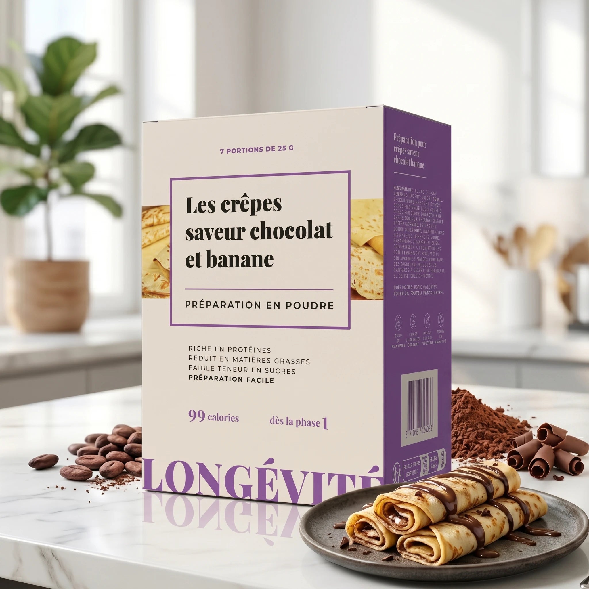 Crêpes chocolat banane protéinées en poudre, riches en protéines et faibles en sucres – LONGÉVITÉ