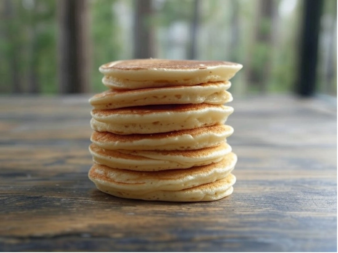 Pile de pancakes nature dorés sur une table en bois, en extérieur
