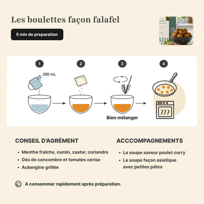 Étapes de préparation boulettes falafel protéinées Longévité Paris