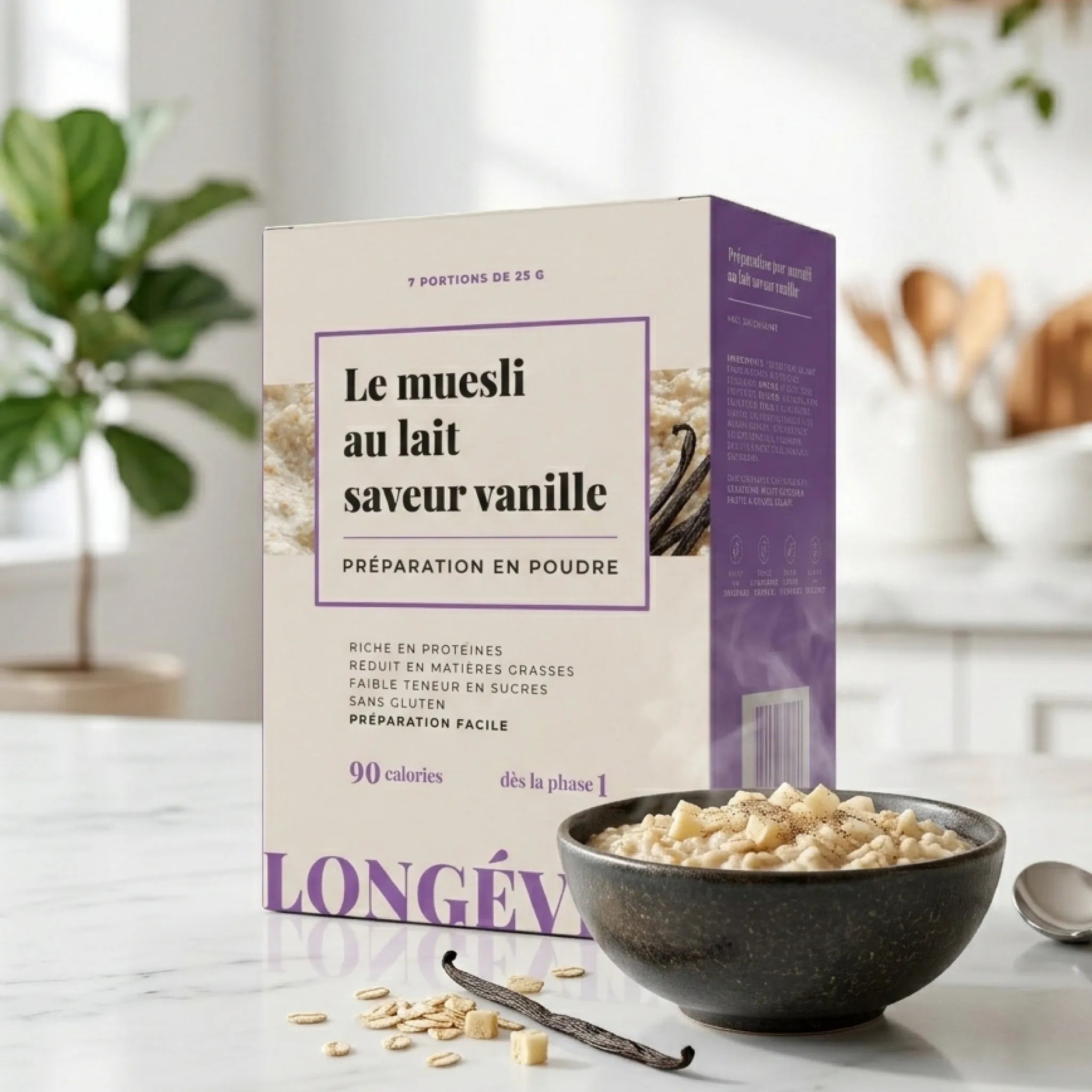 Muesli au lait saveur vanille protéiné, riche en protéines et faible en sucres – LONGÉVITÉ
