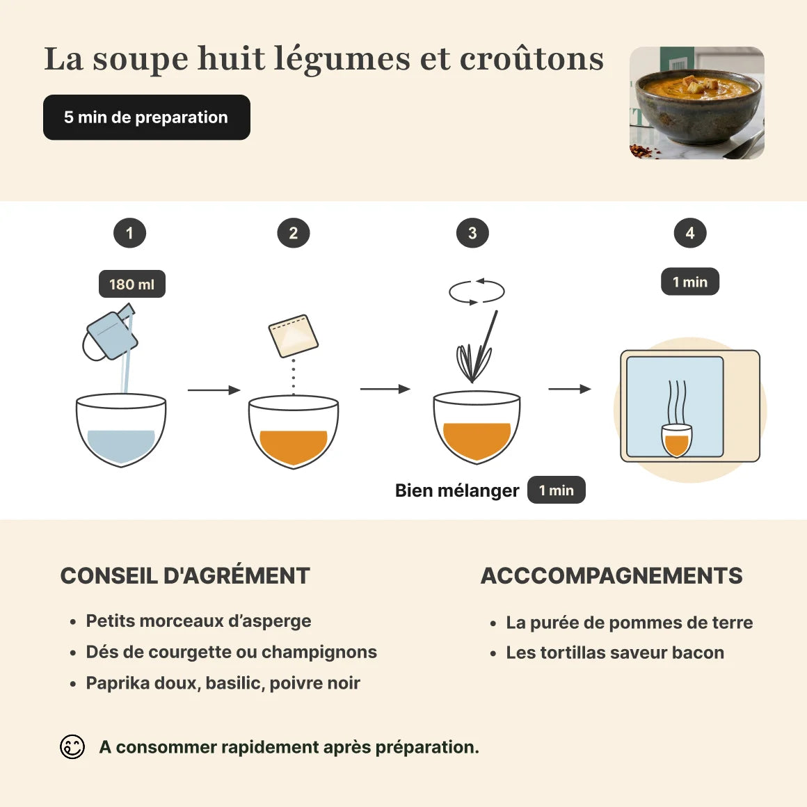 Étapes de préparation soupe huit légumes protéinée Longévité Paris