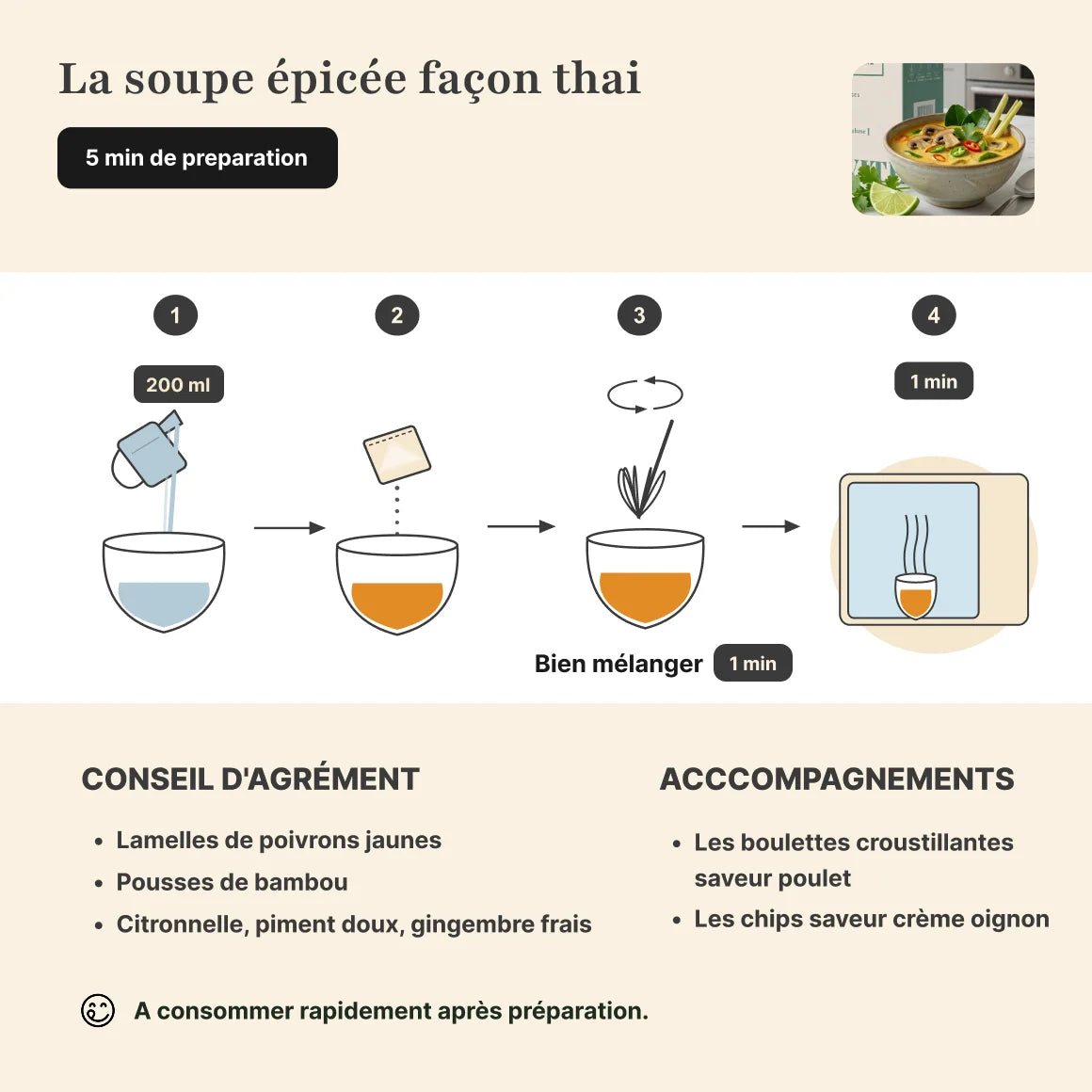 Étapes de préparation soupe thaï protéinée Longévité Paris
