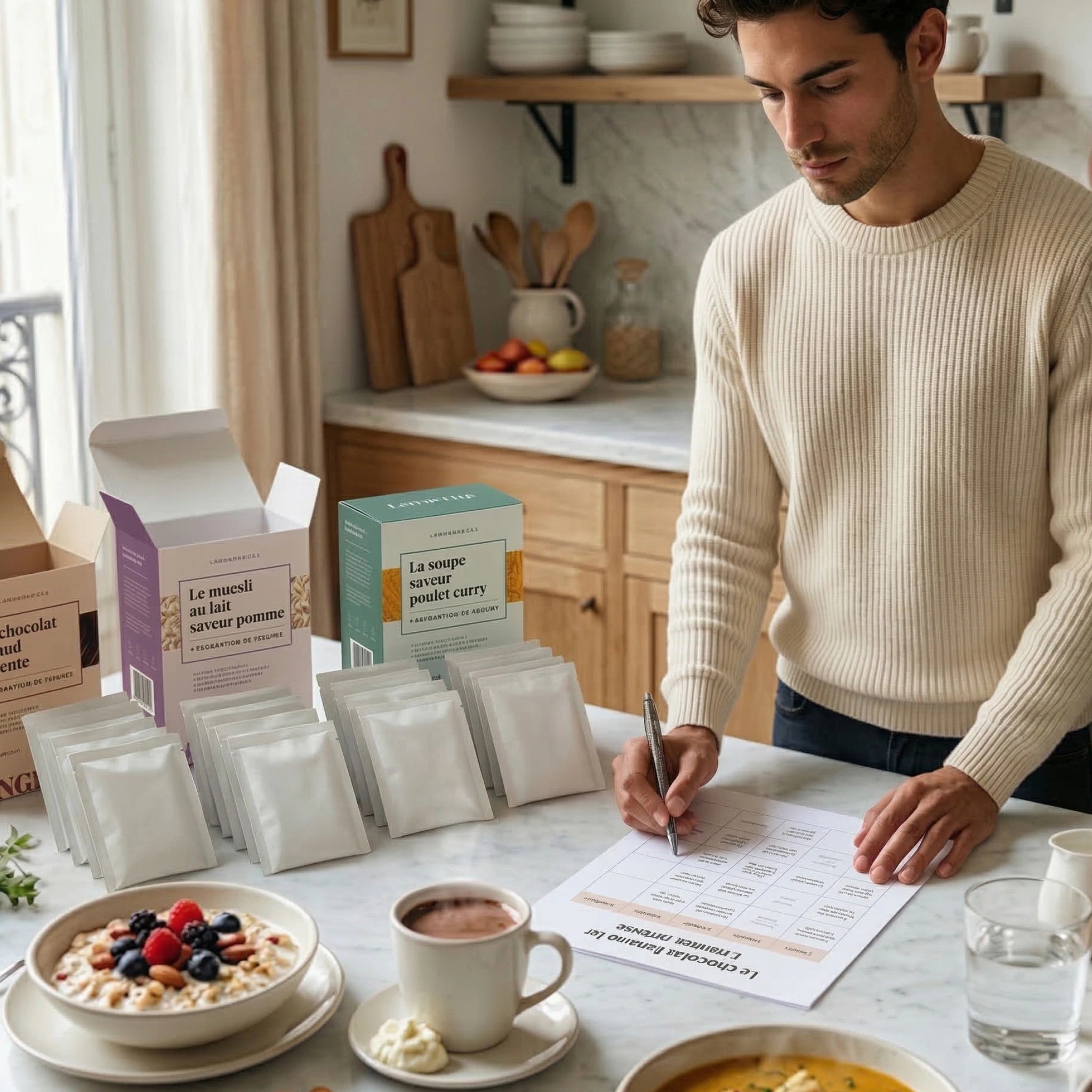 Programme minceur repas protéinés avec muesli, soupe et chocolat chaud, plan alimentaire sur table – LONGÉVITÉ
