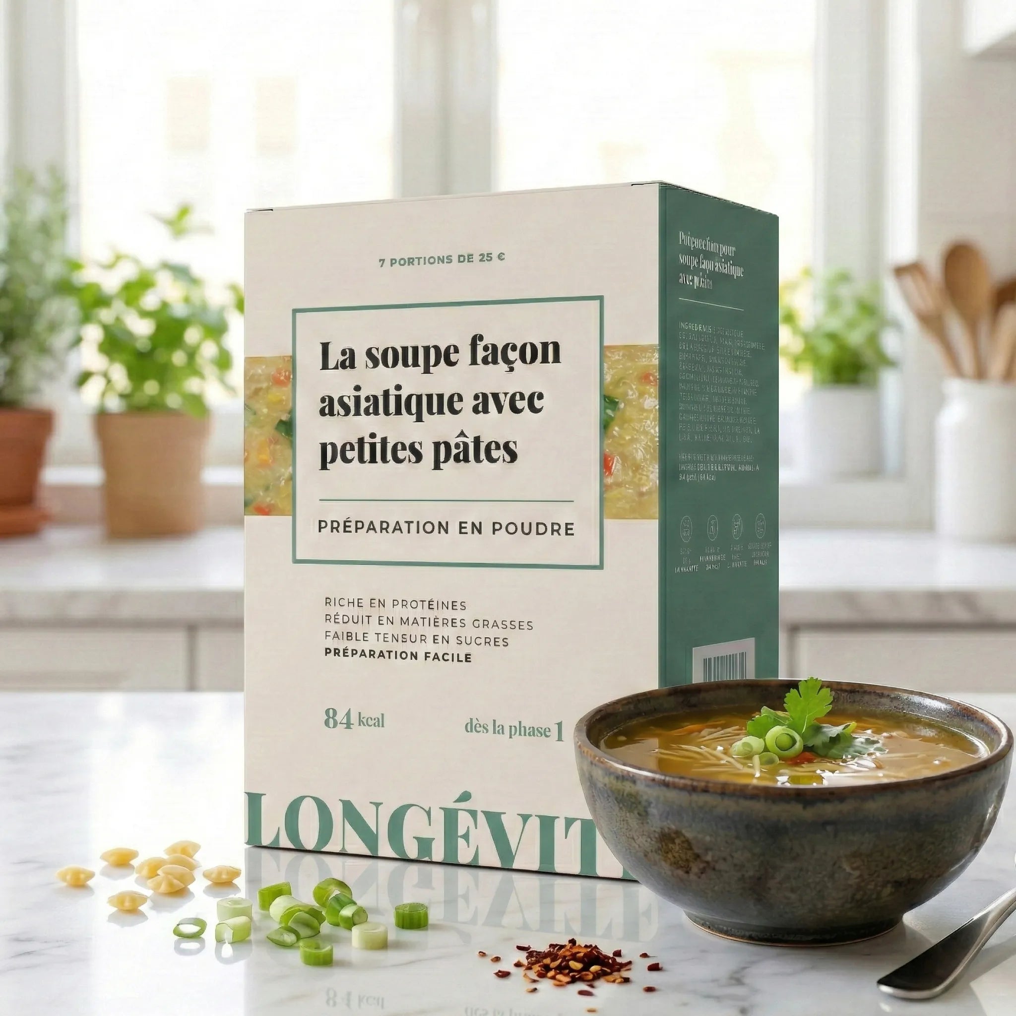 Soupe asiatique aux petites pâtes protéinée en poudre, riche en protéines et faible en matières grasses – LONGÉVITÉ