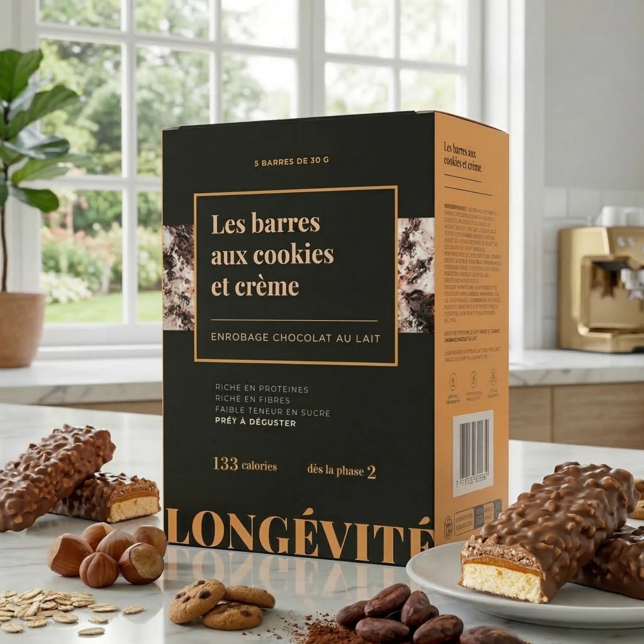 Barres protéinées cookies et crème enrobées de chocolat au lait, riches en protéines et fibres, faibles en sucre – LONGÉVITÉ