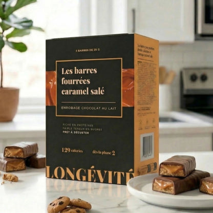 Barres protéinées caramel salé enrobées de chocolat, riches en protéines et faibles en sucres – LONGÉVITÉ