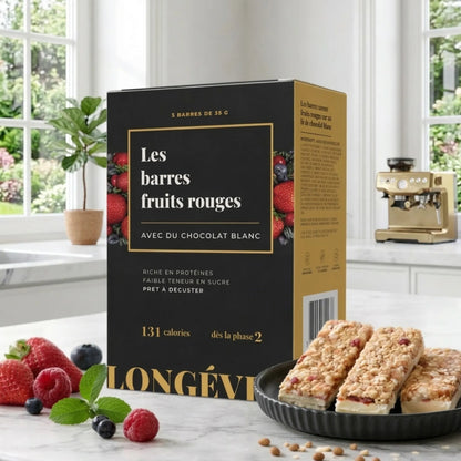 Barres protéinées fruits rouges avec chocolat blanc, riches en protéines, snack faible en sucre – LONGÉVITÉ