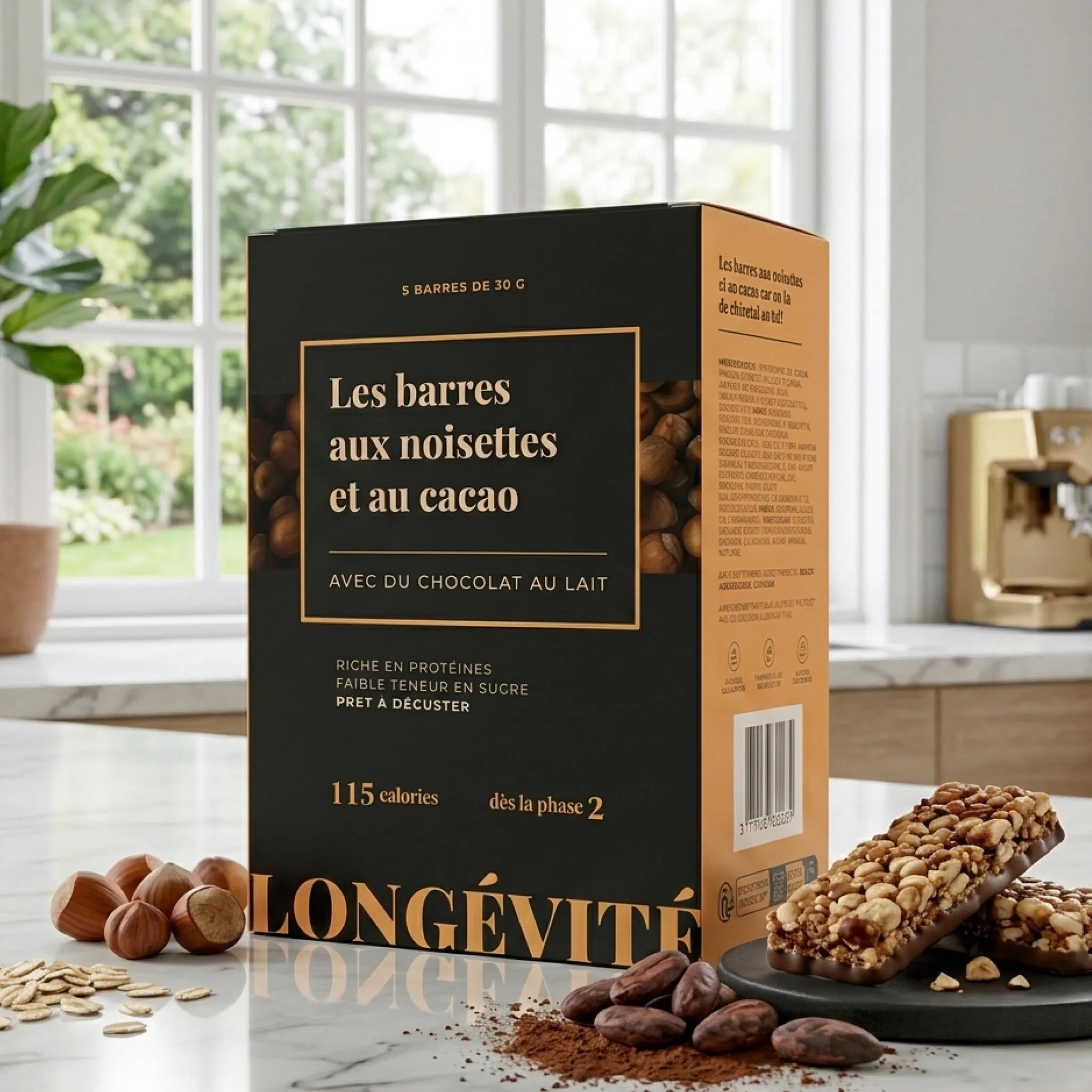 Barres protéinées noisettes et cacao avec chocolat au lait, riches en protéines, snack faible en sucre – LONGÉVITÉ
