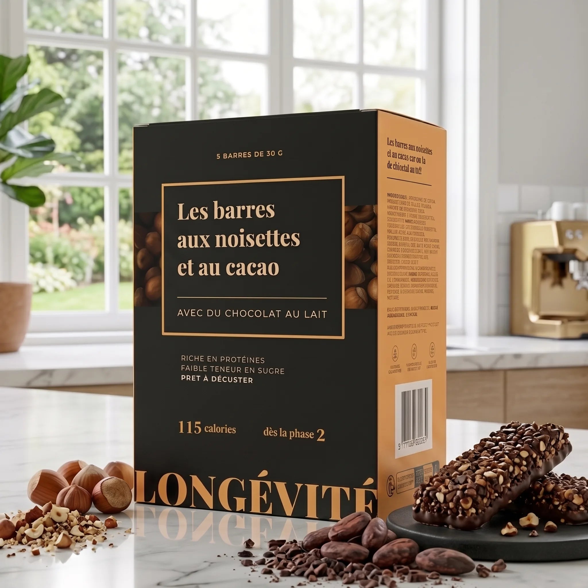 Barres protéinées noisettes et cacao avec chocolat au lait, riches en protéines, snack faible en sucre – LONGÉVITÉ