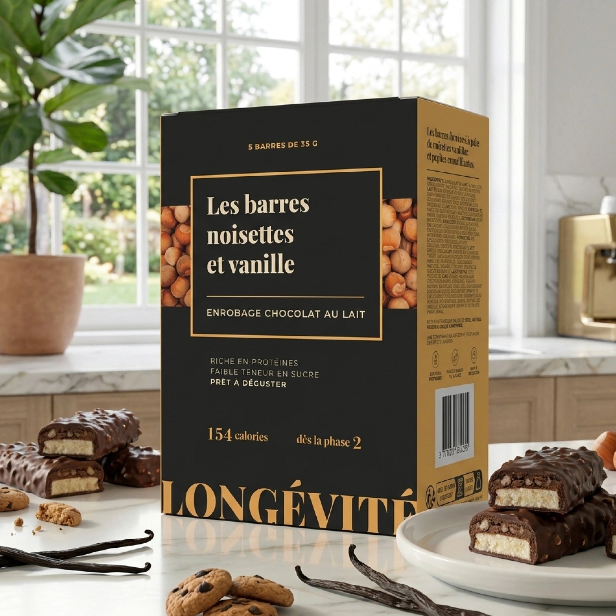 Barres noisette vanille protéinées enrobage chocolat au lait, faibles en sucres – LONGÉVITÉ