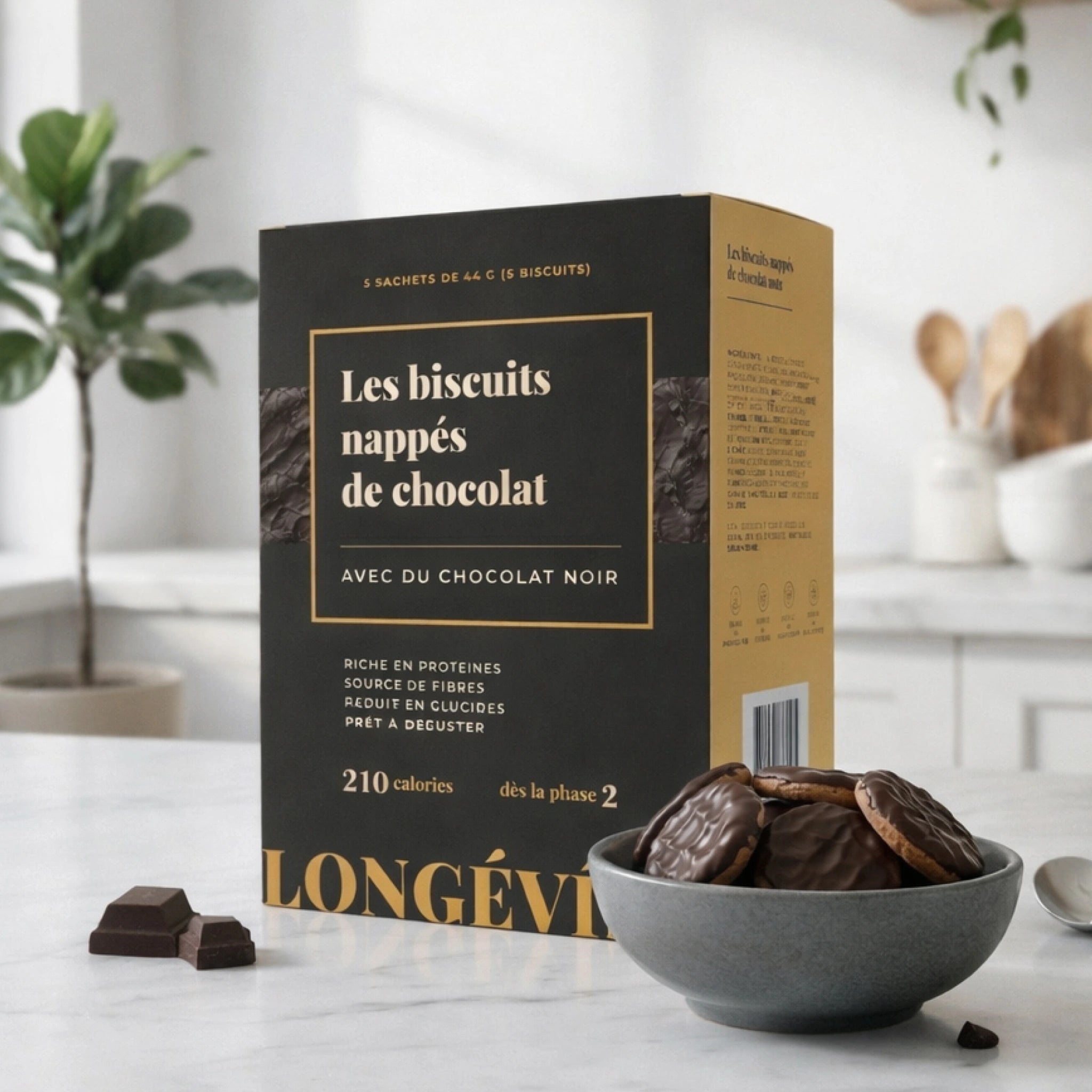 Biscuits nappés de chocolat noir riches en protéines et fibres, snack faible en glucides – LONGÉVITÉ