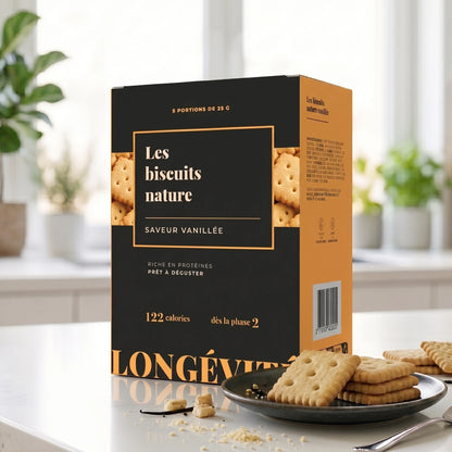 Biscuits protéinés nature saveur vanille, riches en protéines, snack gourmand prêt à déguster – LONGÉVITÉ