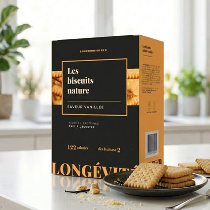 Biscuits protéinés nature saveur vanille, riches en protéines, snack gourmand prêt à déguster – LONGÉVITÉ
