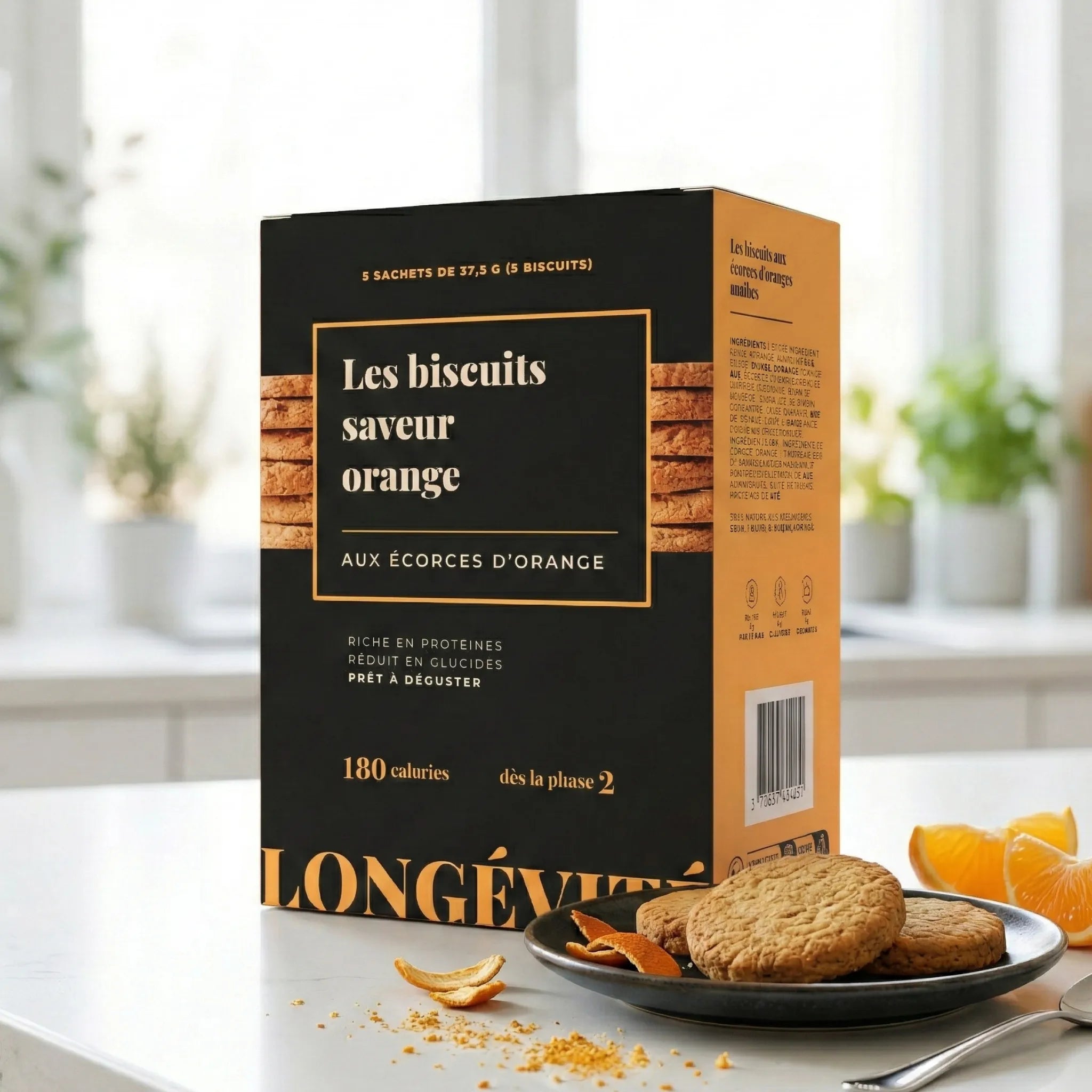 Biscuits protéinés saveur orange aux écorces d’orange, riches en protéines, snack réduit en glucides – LONGÉVITÉ