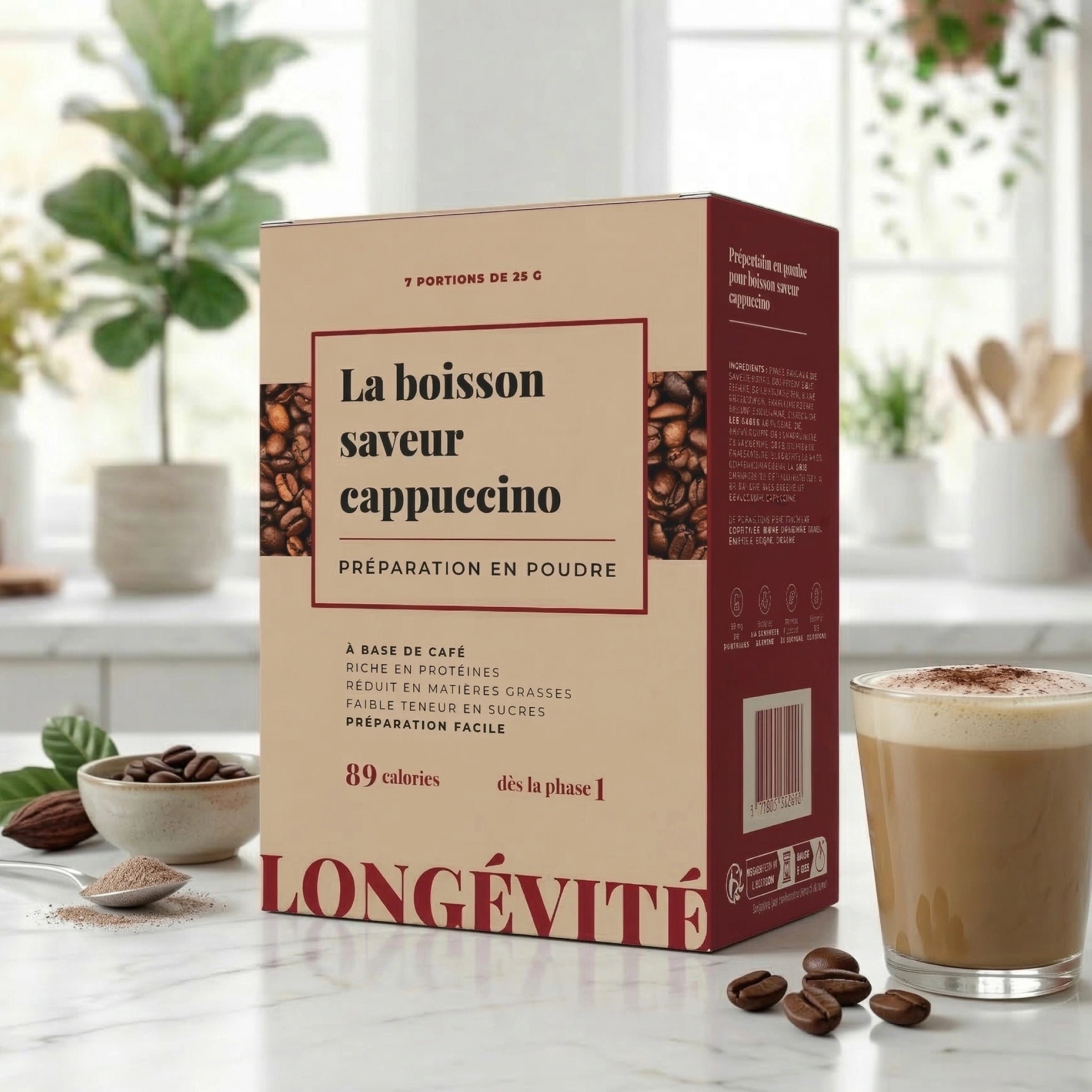 Boisson protéinée cappuccino en poudre, riche en protéines et faible en sucres – LONGÉVITÉ