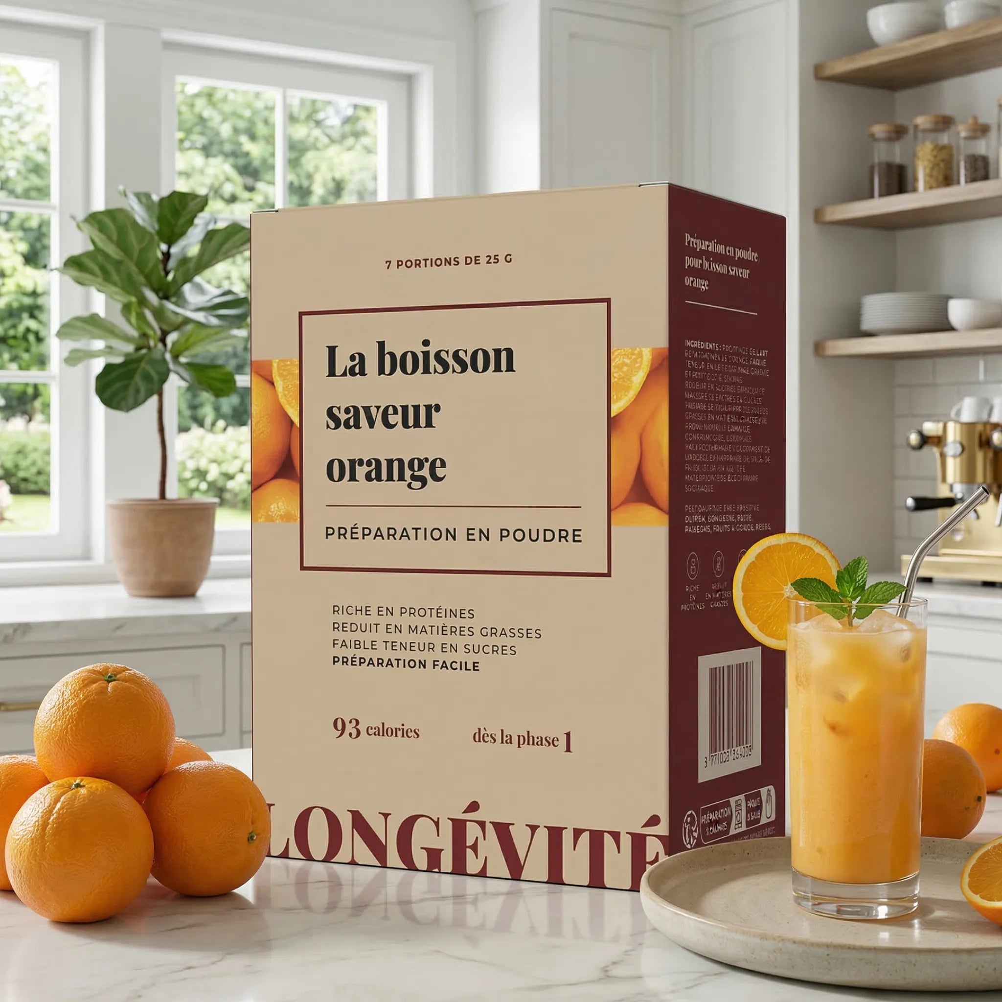 Boisson protéinée saveur orange en poudre, riche en protéines et faible en sucres – LONGÉVITÉ