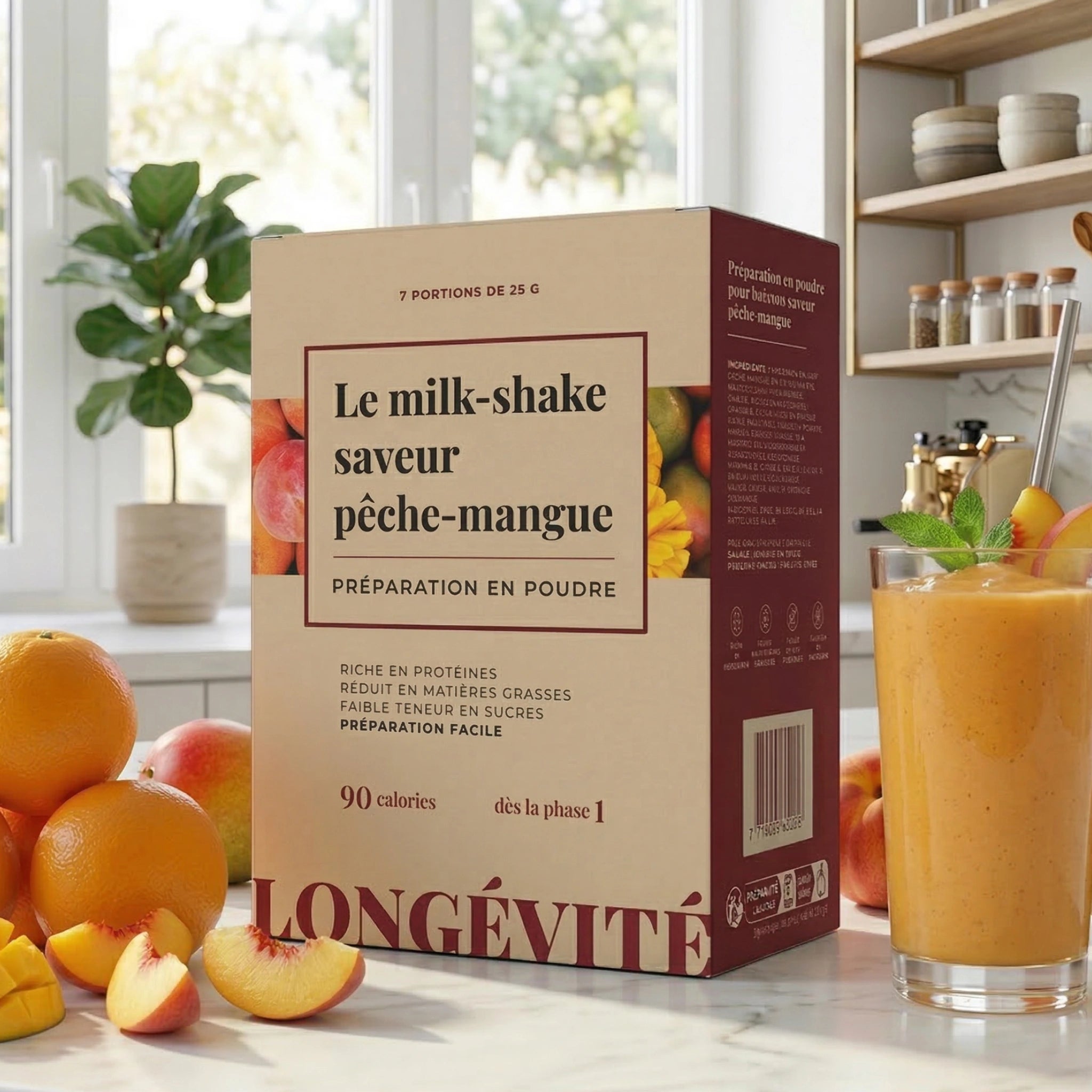 Milk-shake pêche mangue protéiné en poudre, riche en protéines et faible en sucres – LONGÉVITÉ