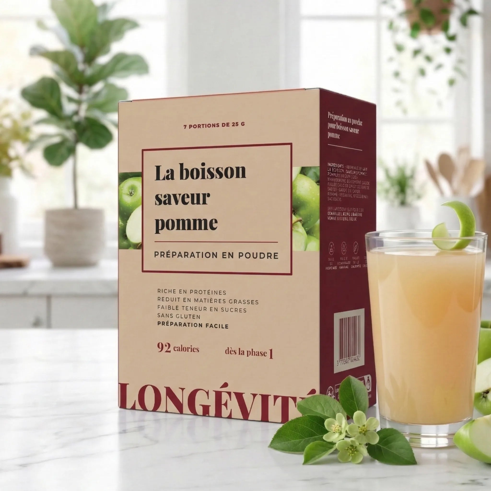 Boisson pomme protéinée en poudre, riche en protéines et faible en sucres, préparation minceur – LONGÉVITÉ