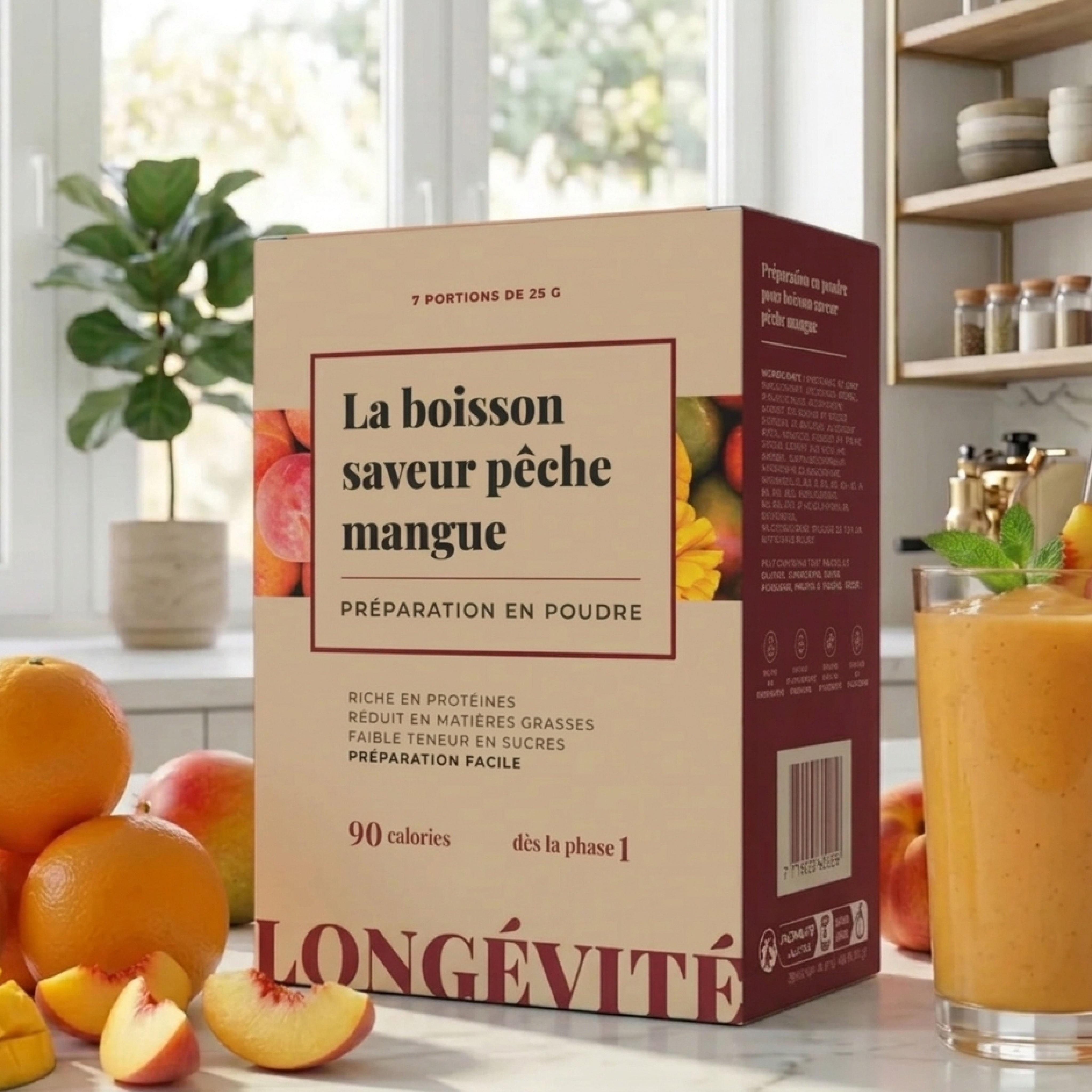 La boisson saveur pêche mangue protéiné en poudre, riche en protéines et faible en sucres – LONGÉVITÉ