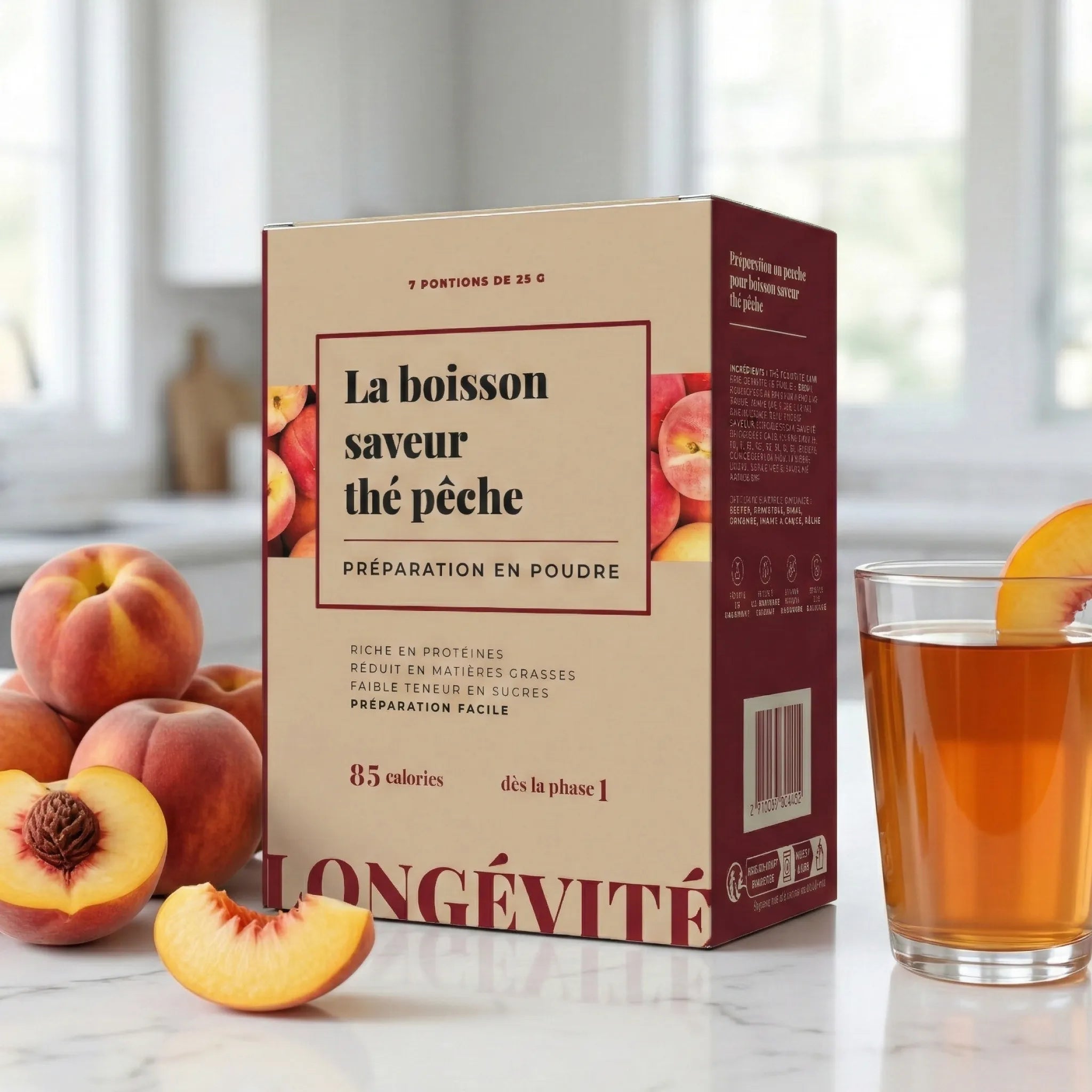 Boisson thé pêche protéinée en poudre, riche en protéines et faible en sucres – LONGÉVITÉ