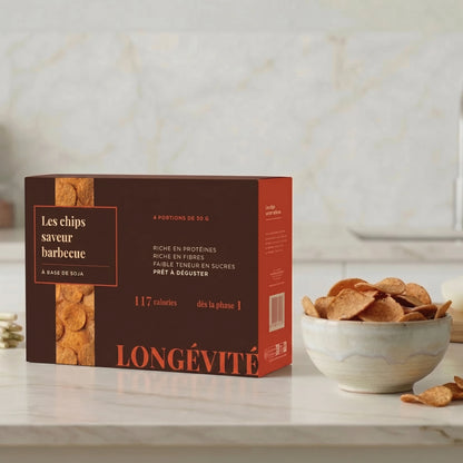 Chips barbecue protéinées à base de soja, riches en fibres et faibles en sucres – LONGÉVITÉ