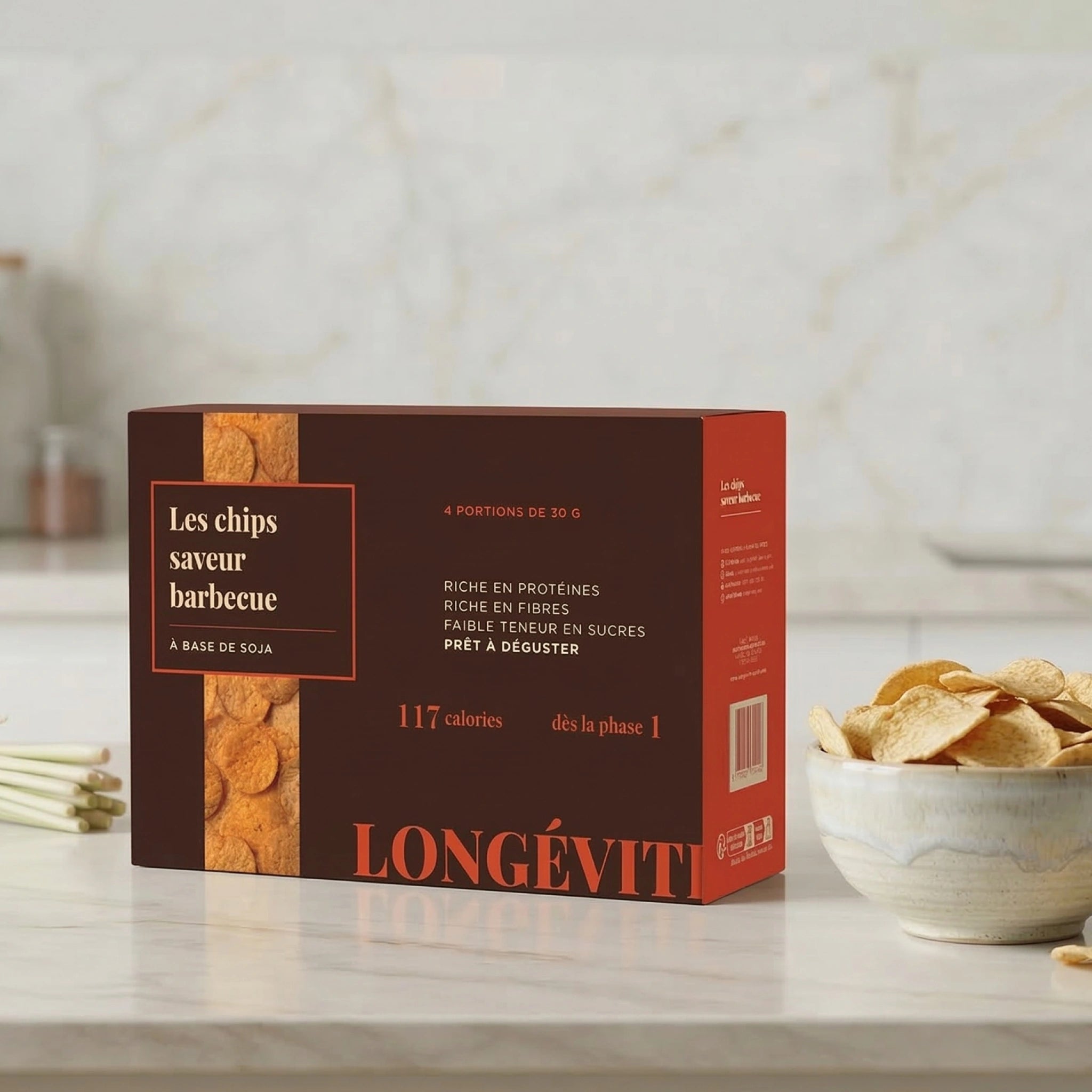 Chips barbecue protéinées à base de soja, riches en fibres et faibles en sucres – LONGÉVITÉ