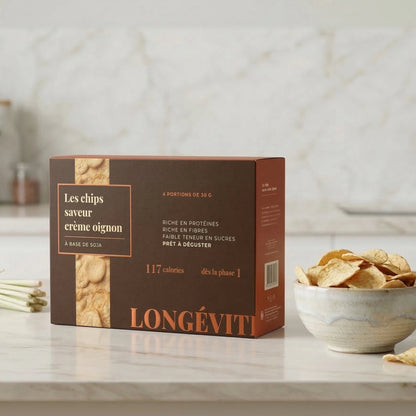 Chips crème oignon protéinées à base de soja, riches en fibres et faibles en sucres – LONGÉVITÉ