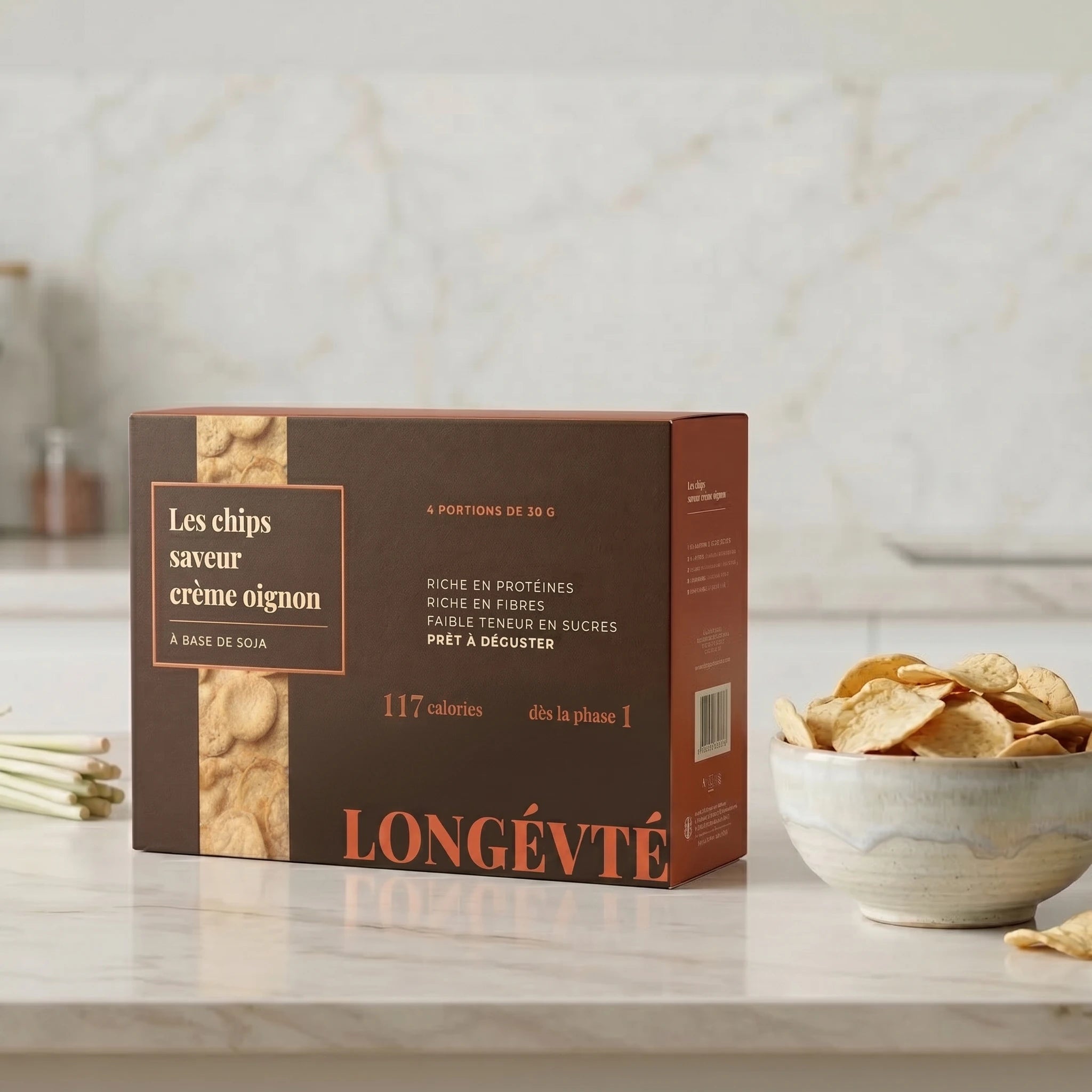 Chips crème oignon protéinées à base de soja, riches en fibres et faibles en sucres – LONGÉVITÉ