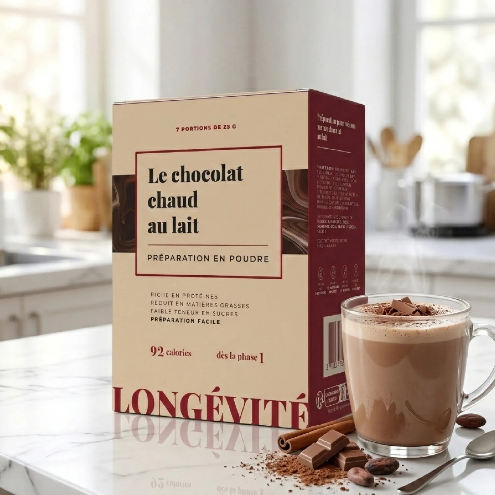 Chocolat chaud au lait protéiné en poudre, riche en protéines et faible en sucres – LONGÉVITÉ