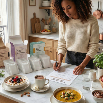 Programme minceur avec repas protéinés, muesli, soupe et chocolat chaud, plan alimentaire sur table – LONGÉVITÉ