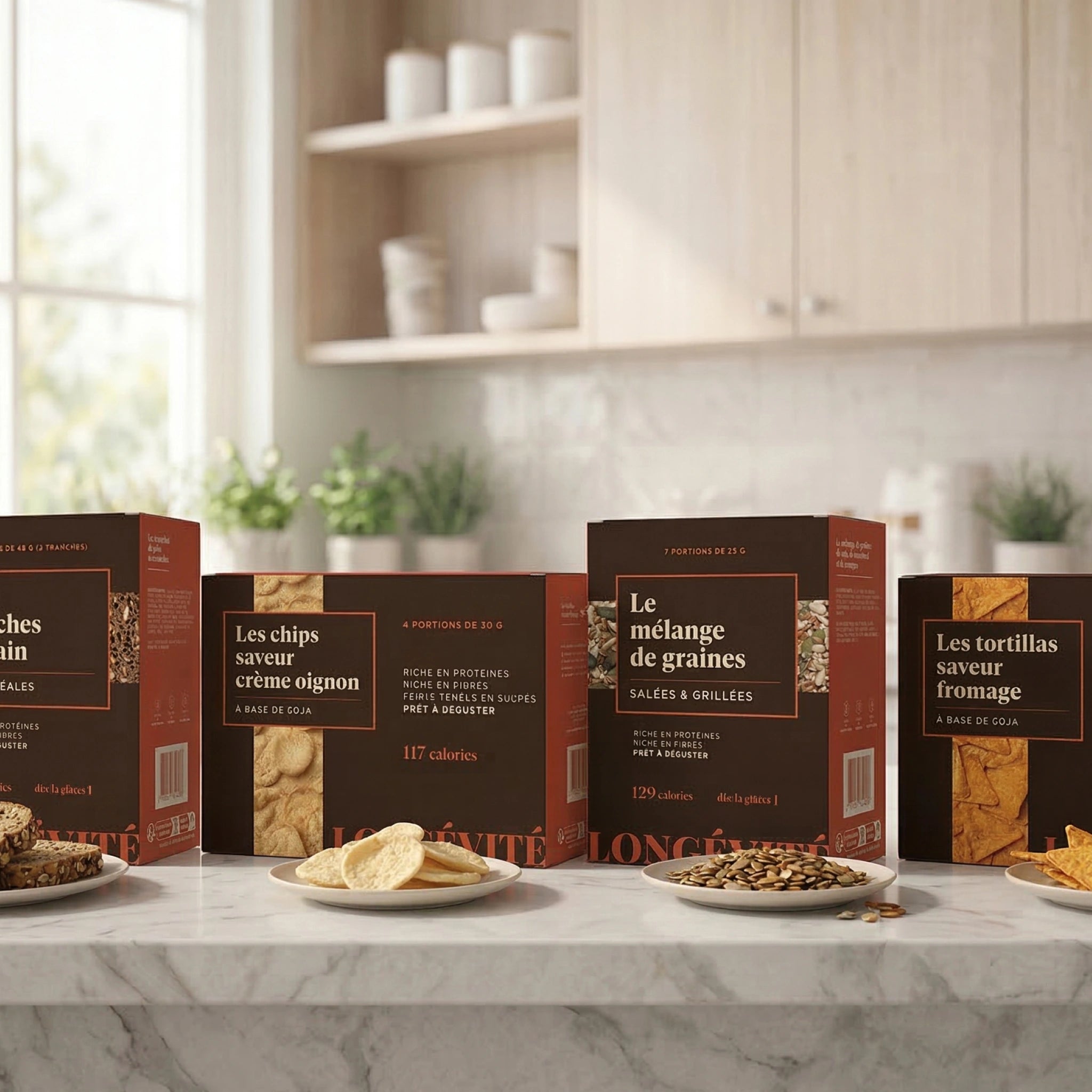 Snacks protéinés chips crème oignon, mélange de graines salées et tortillas fromage riches en protéines – LONGÉVITÉ