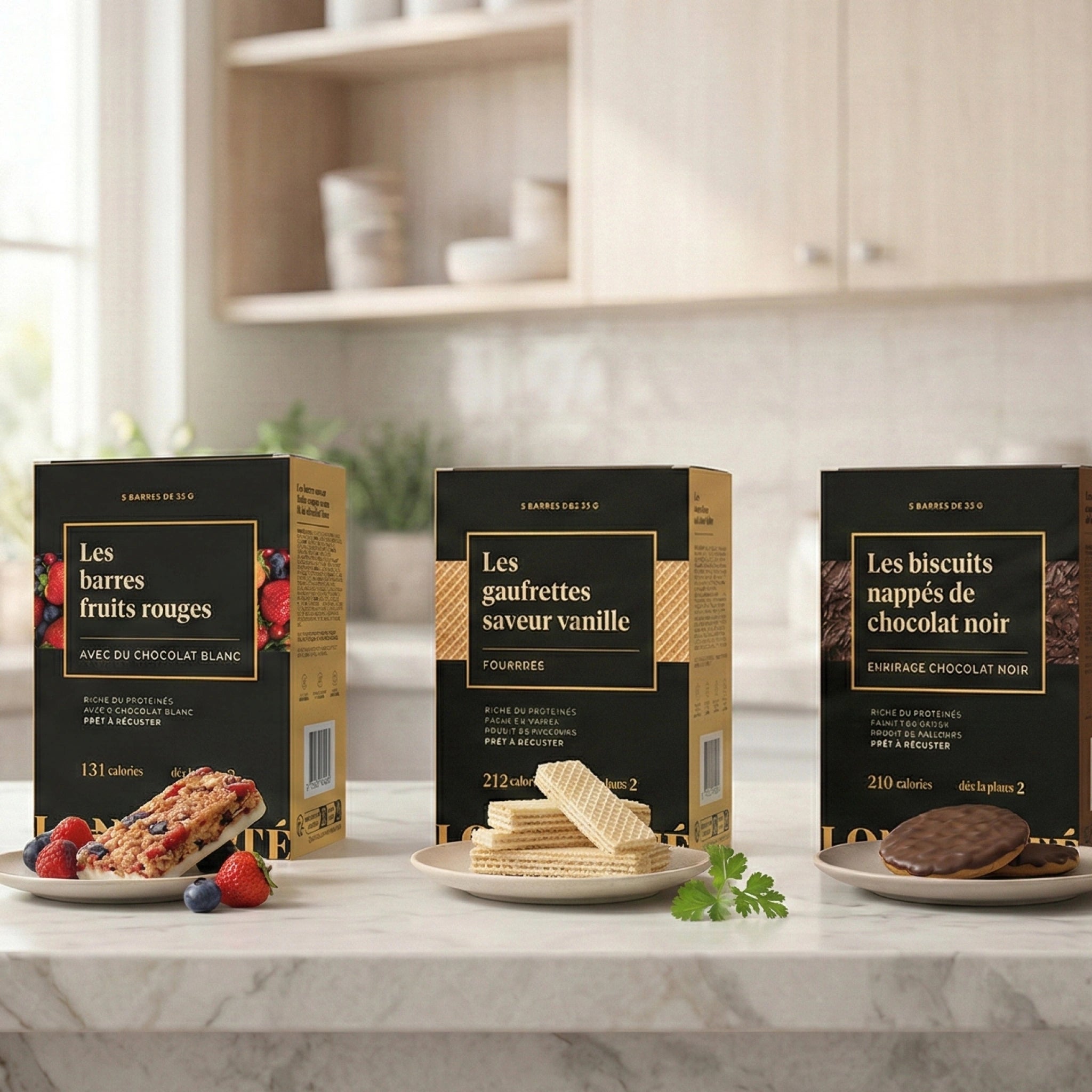 Barres fruits rouges chocolat blanc, gaufrettes vanille fourrées et biscuits chocolat noir riches en protéines – LONGÉVITÉ
