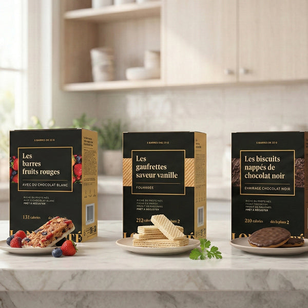 Barres fruits rouges chocolat blanc, gaufrettes vanille fourrées et biscuits chocolat noir riches en protéines – LONGÉVITÉ