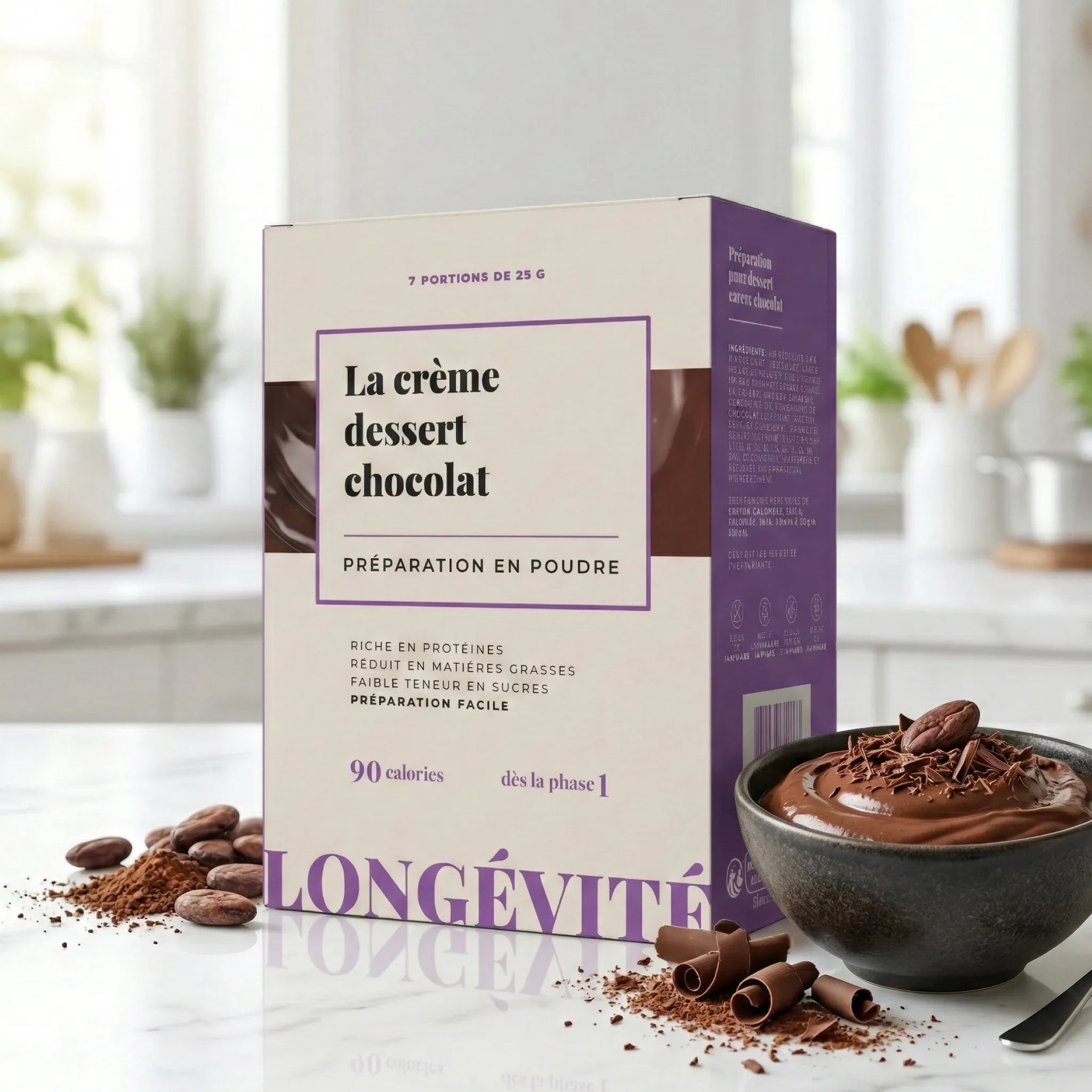 Crème dessert chocolat protéinée en poudre, riche en protéines et faible en sucres – LONGÉVITÉ