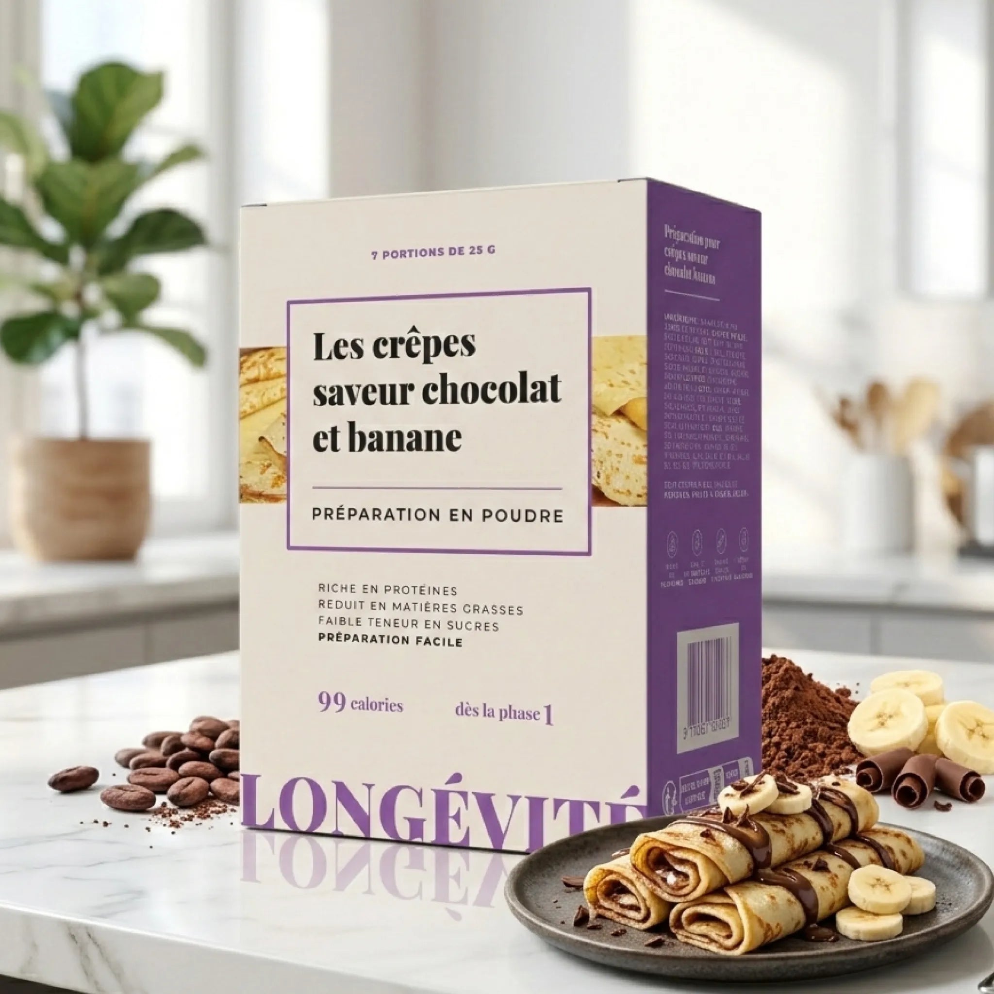 Crêpes chocolat banane protéinées en poudre, riches en protéines et faibles en sucres – LONGÉVITÉ