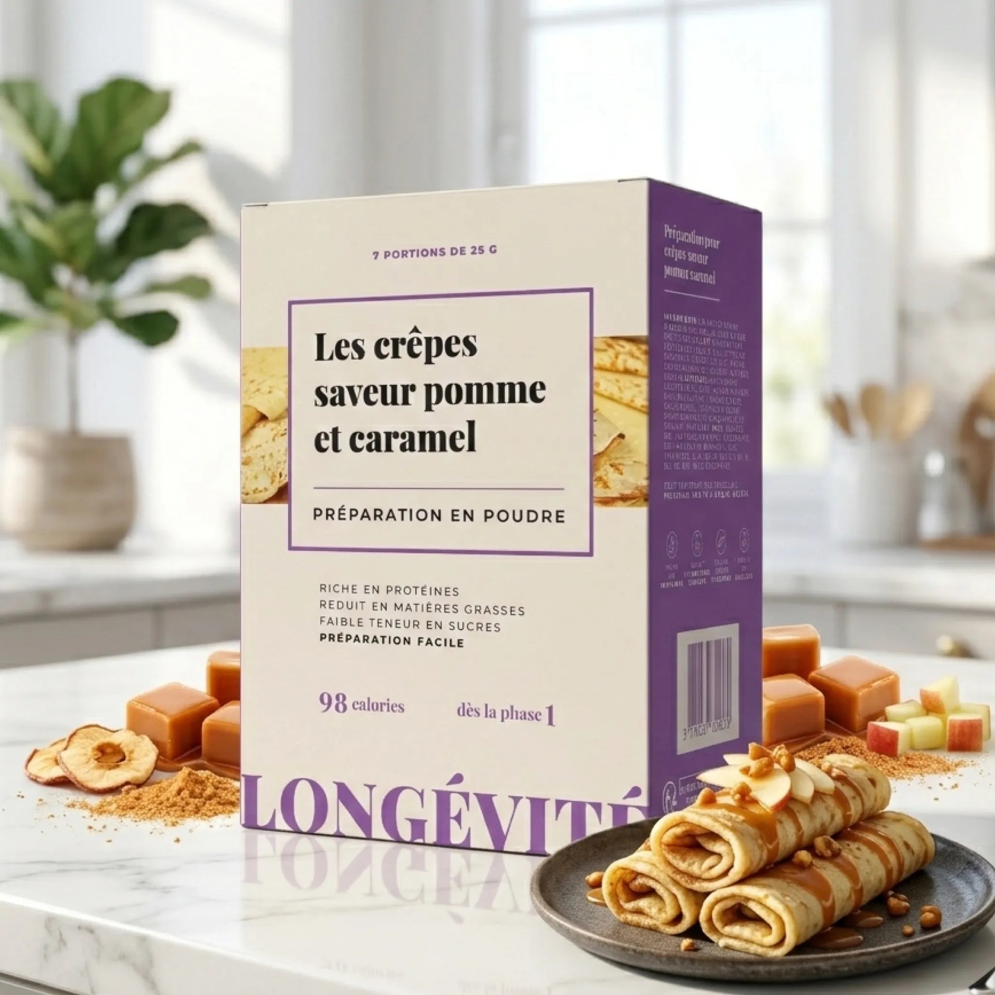 Crêpes pomme caramel protéinées en poudre, riches en protéines et faibles en sucres – LONGÉVITÉ