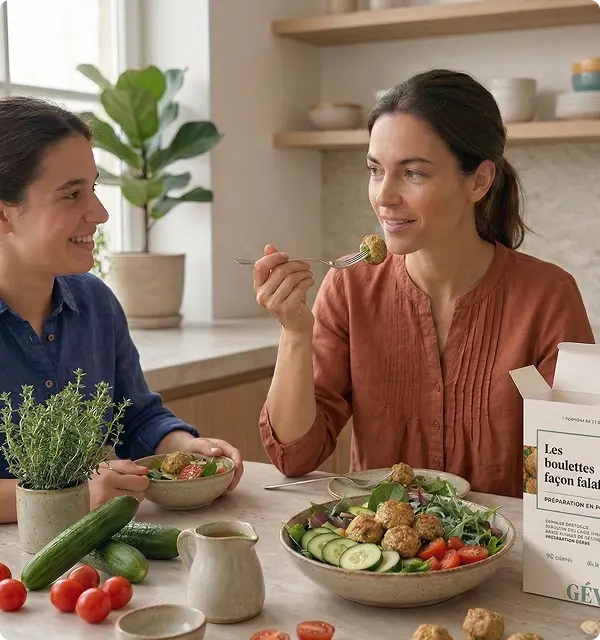 Deux femmes déjeunant ensemble avec des produits Longévité