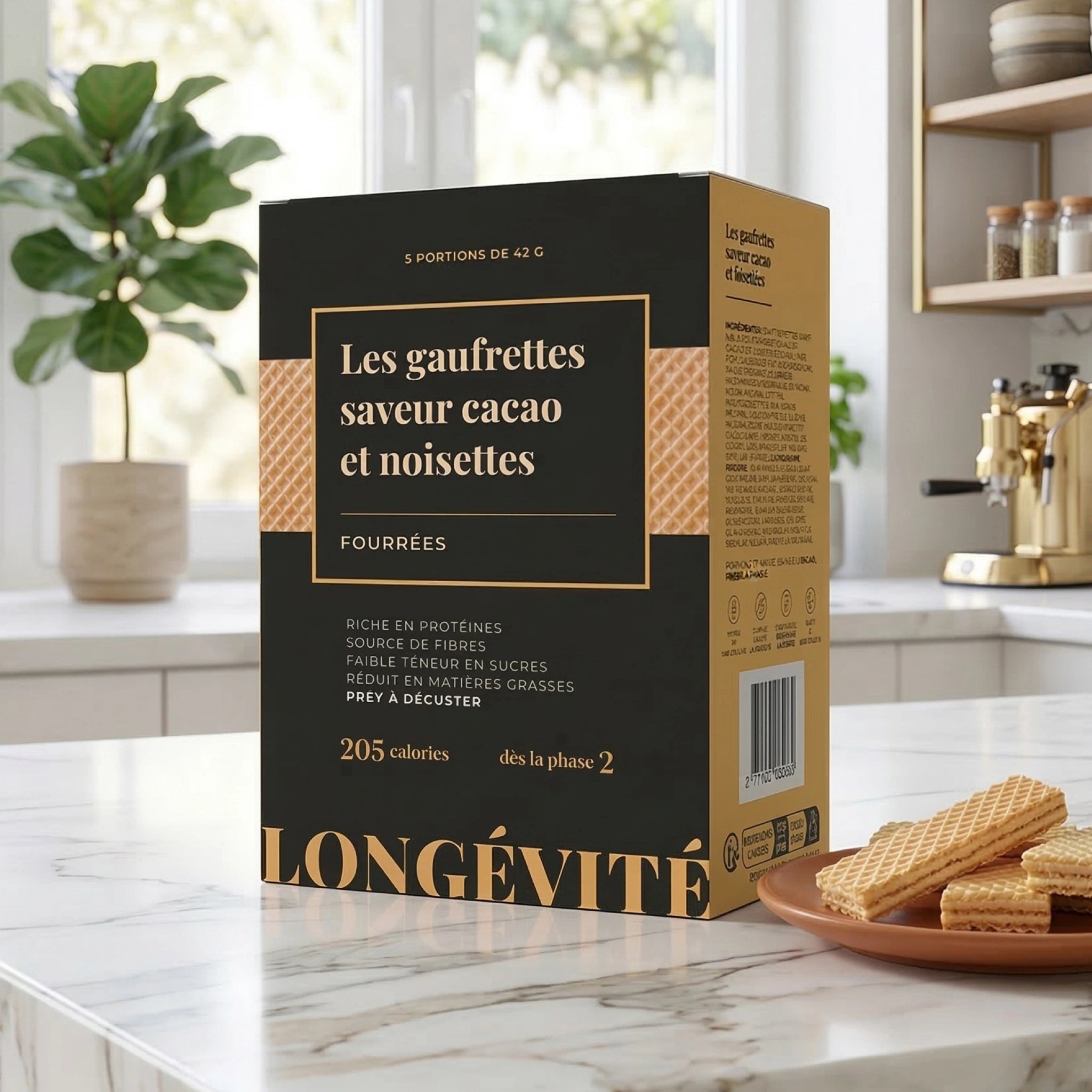 Gaufrettes cacao noisettes fourrées riches en protéines et fibres, snack faible en sucre – LONGÉVITÉ