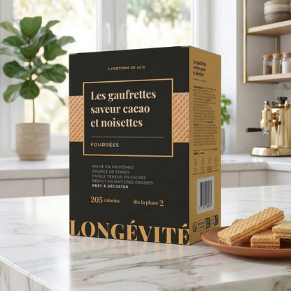 Gaufrettes cacao noisettes fourrées riches en protéines et fibres, snack faible en sucre – LONGÉVITÉ