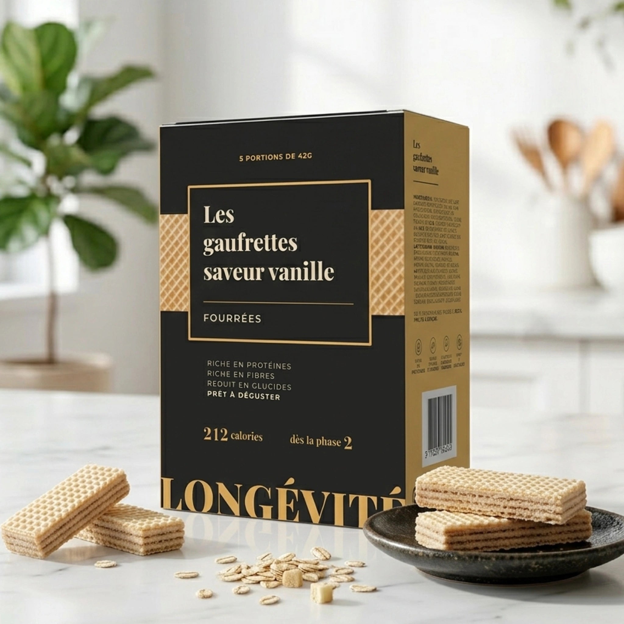 Gaufrettes vanille protéinées fourrées, riches en protéines et fibres, snack croustillant – LONGÉVITÉ