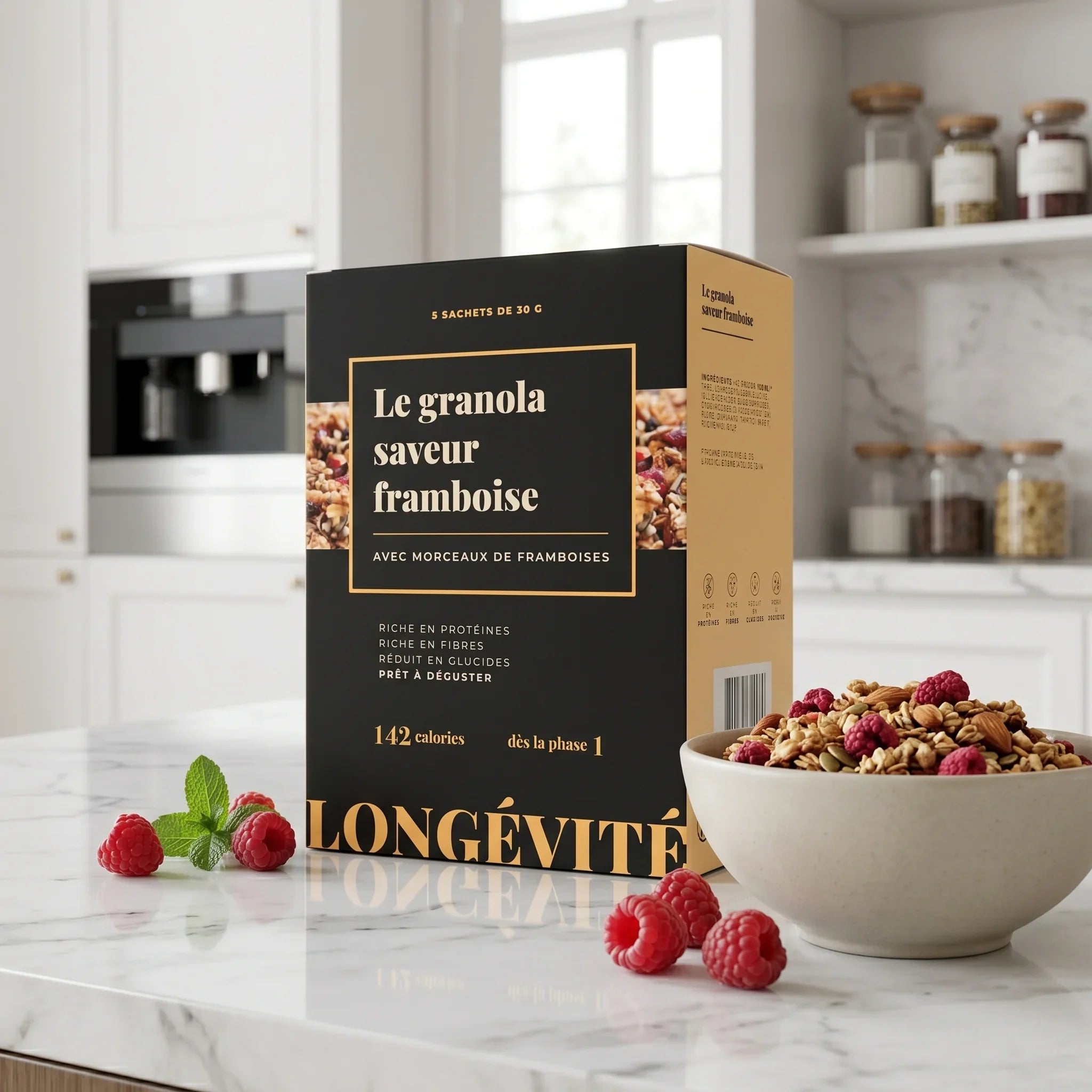 Granola saveur framboise protéiné, riche en protéines et fibres – LONGÉVITÉ