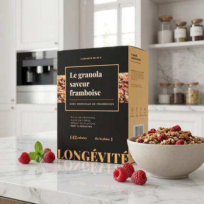 Granola saveur framboise protéiné, riche en protéines et fibres – LONGÉVITÉ