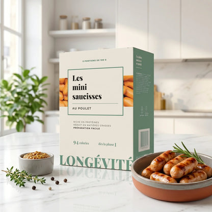Mini-saucisses poulet protéinées prêtes à consommer, riches en protéines et faibles en matières grasses – LONGÉVITÉ