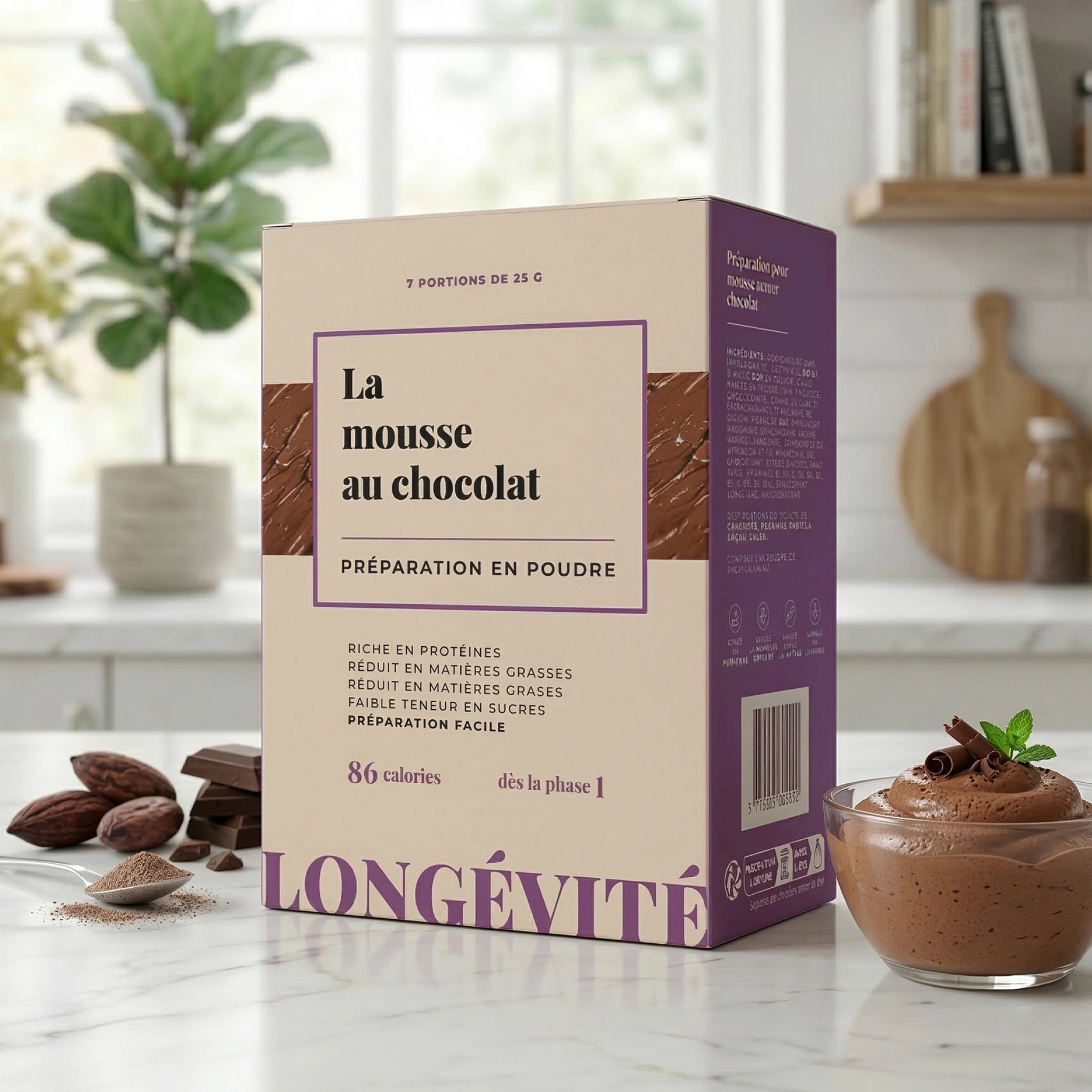 Mousse chocolat protéinée en poudre, riche en protéines et faible en sucres – LONGÉVITÉ