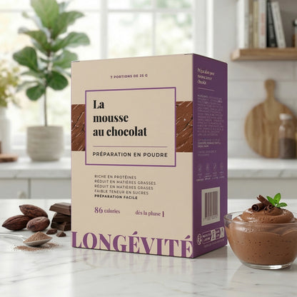 Mousse chocolat protéinée en poudre, riche en protéines et faible en sucres – LONGÉVITÉ